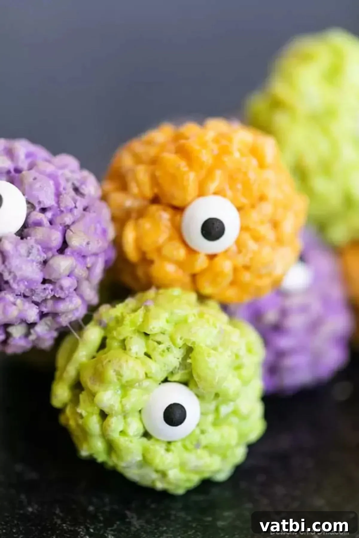 Monster Eye Ball rice krispie treats are so fun for Halloween. Make these easy and colorful monster rice krispie treats for a tasty snack or dessert. Little kids will love these green monster treats for birthday parties and Halloween parties. #dessertonadime #monsterricekrispietreatshalloween Monster Rice Krispie Treats in orange green and purple stacked together, ready to be served or stored.