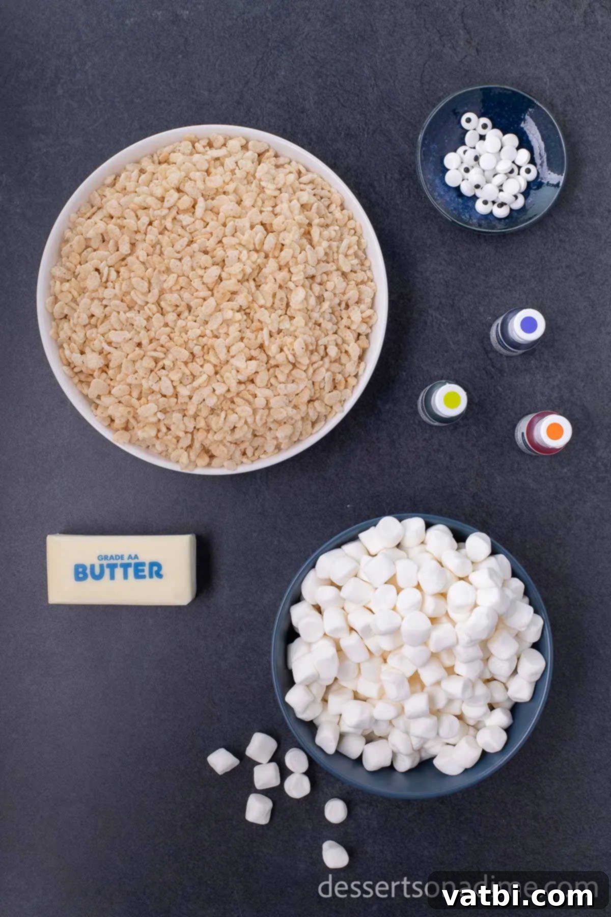 Monster Eye Ball rice krispie treats are so fun for Halloween. Make these easy and colorful monster rice krispie treats for a tasty snack or dessert. Little kids will love these green monster treats for birthday parties and Halloween parties. #dessertonadime #monsterricekrispietreatshalloween Supplies needed for monster Rice Krispie treats: Rice Krispie cereal, butter, marshmallows, food coloring, and candy eyes.