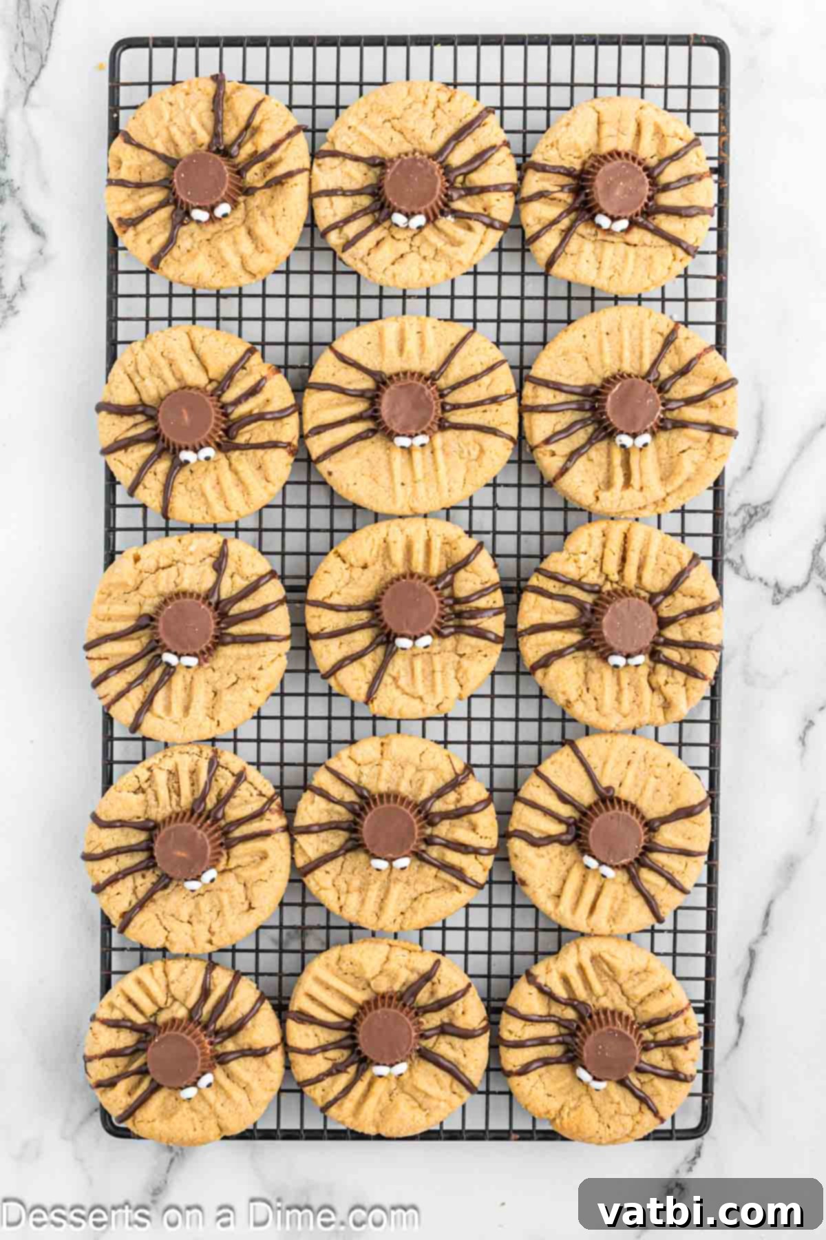 Simple Spooky Halloween Spider Bites 14 Chocolate spider legs piped on to each cookie.