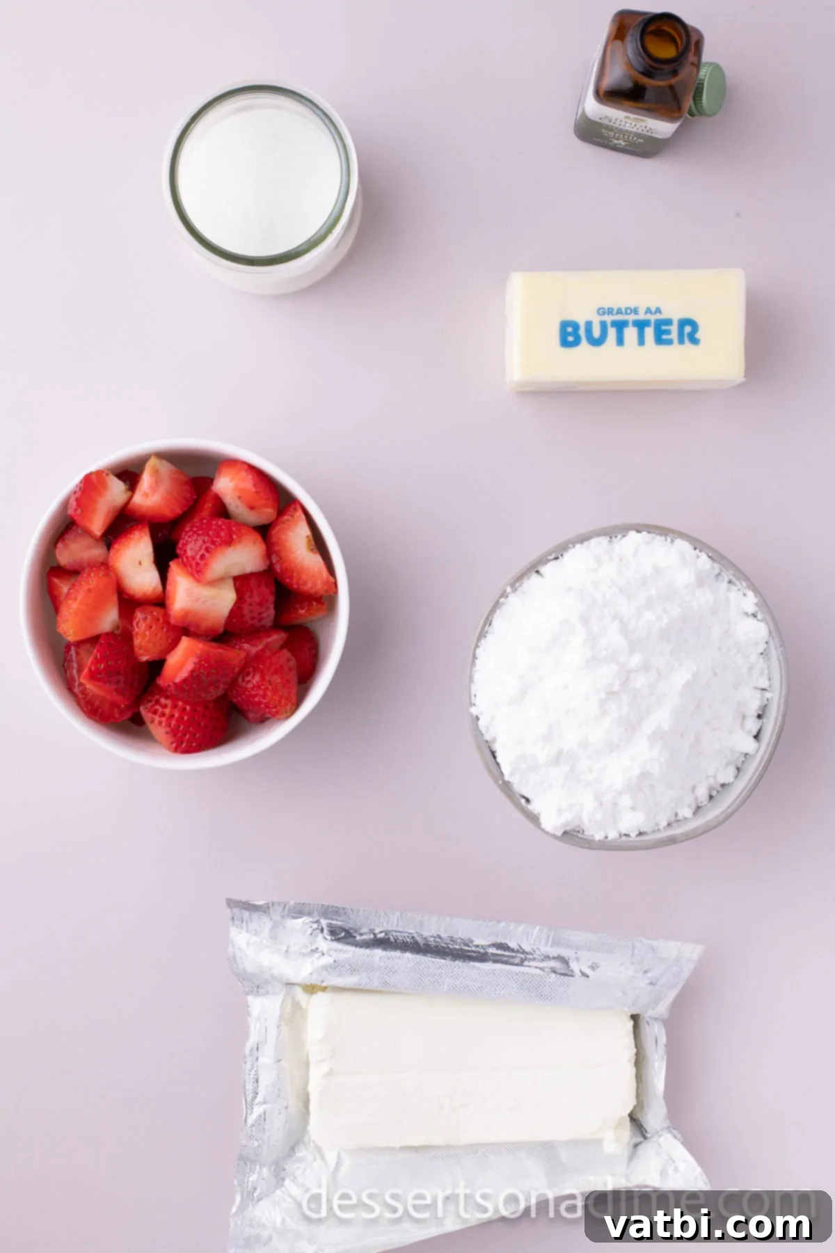 Luscious Strawberry Cream Cheese Dream 3 Ingredients for strawberry frosting - strawberries, cream cheese, butter, powdered sugar, vanilla.