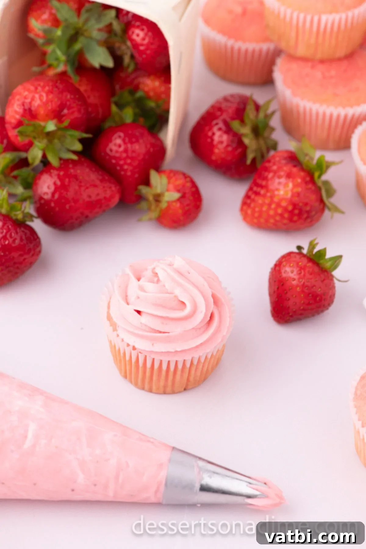 Luscious Strawberry Cream Cheese Dream 9 Frosting piped on to a cupcake.