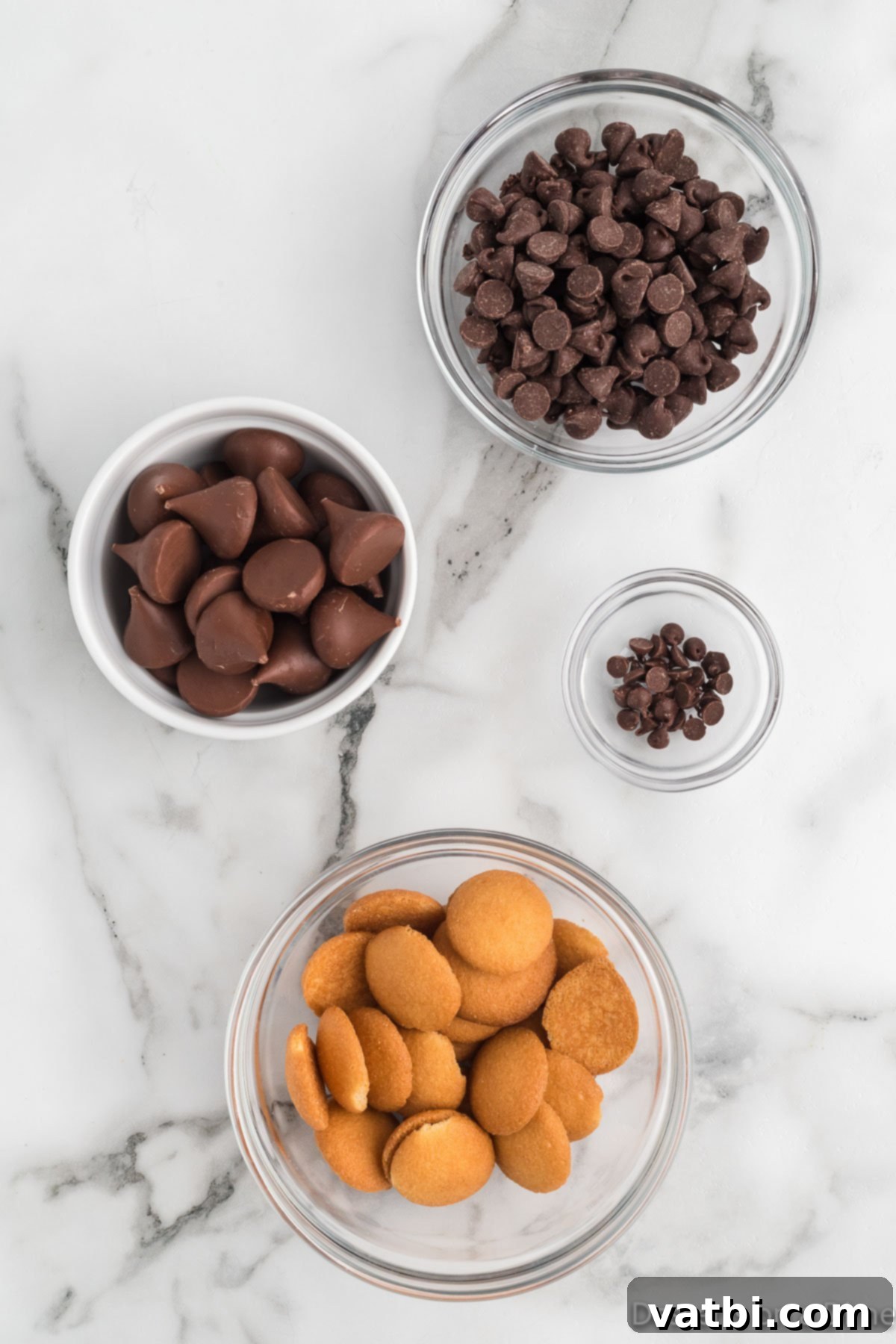 Ingredients for acorns - chocolate chips, vanilla wafers, Hershey kisses, mini chocolate chips. 