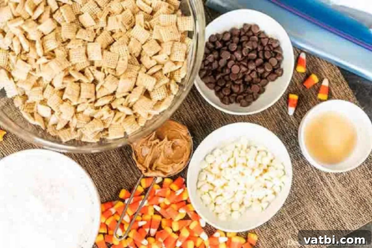 The kids will go crazy over this Halloween puppy chow recipe and it is so easy. Halloween muddy buddies puppy chow looks so festive with candy corn, candy eyes and more. Halloween Muddy Buddies is a delicious chex mix recipe. #dessertonadime #halloweenpuppychowrecipe #glutenfree Ingredients needed for Halloween Puppy Chow: chocolate chips, white chocolate chips, peanut butter, butter, vanilla, Chex cereal, powdered sugar, candy corn, candy eyes