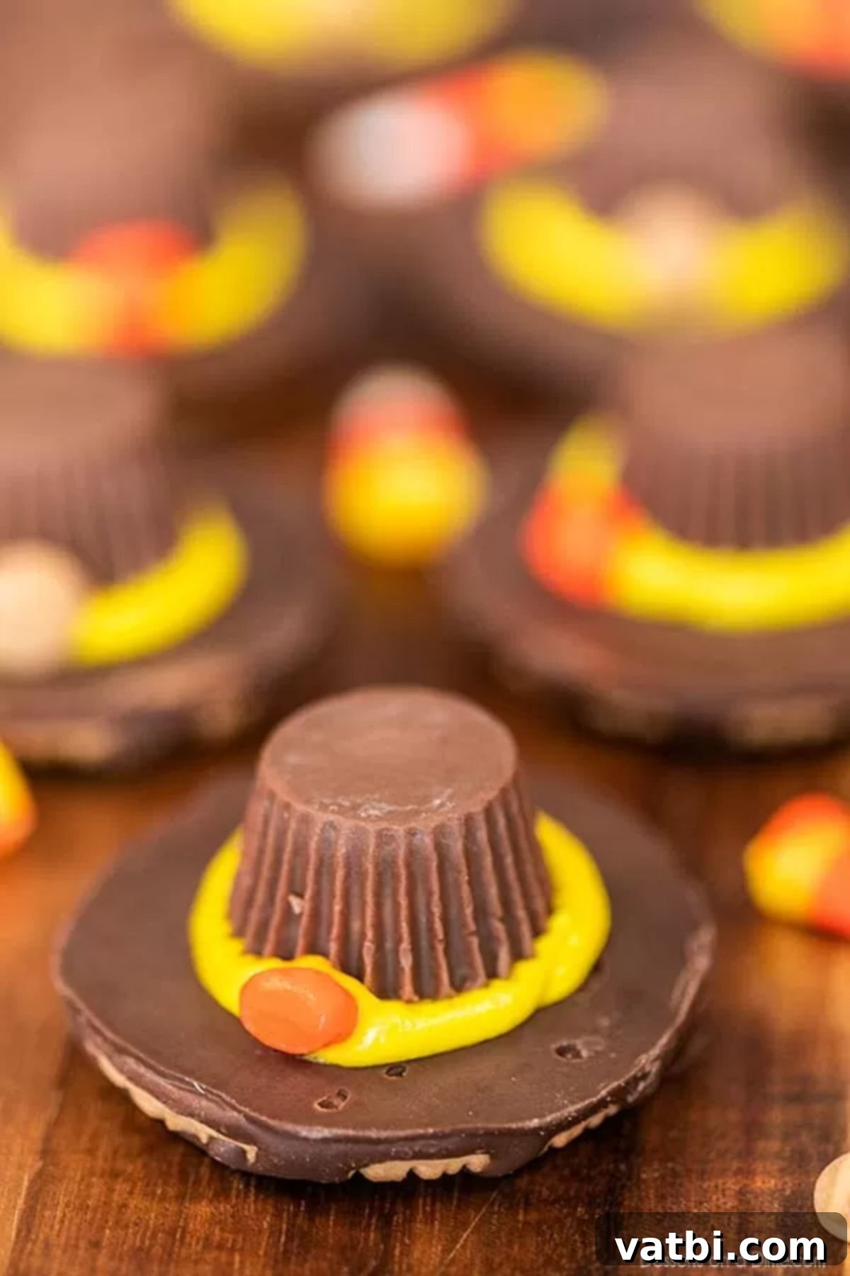Finished Pilgrim Hat Cookies presented on a platter, ready to be served and enjoyed at Thanksgiving gatherings.