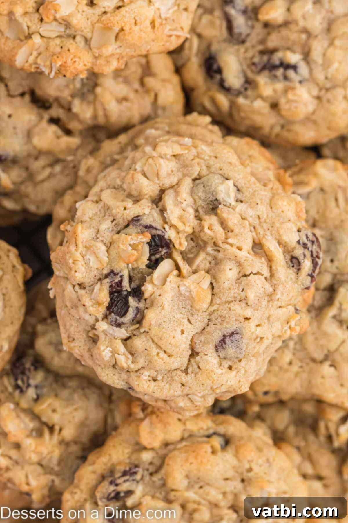 Chewy Oatmeal Raisin Cookie Perfection 2 Oatmeal raisin cookies stacked, glistening with warmth and softness on a rustic wooden surface.