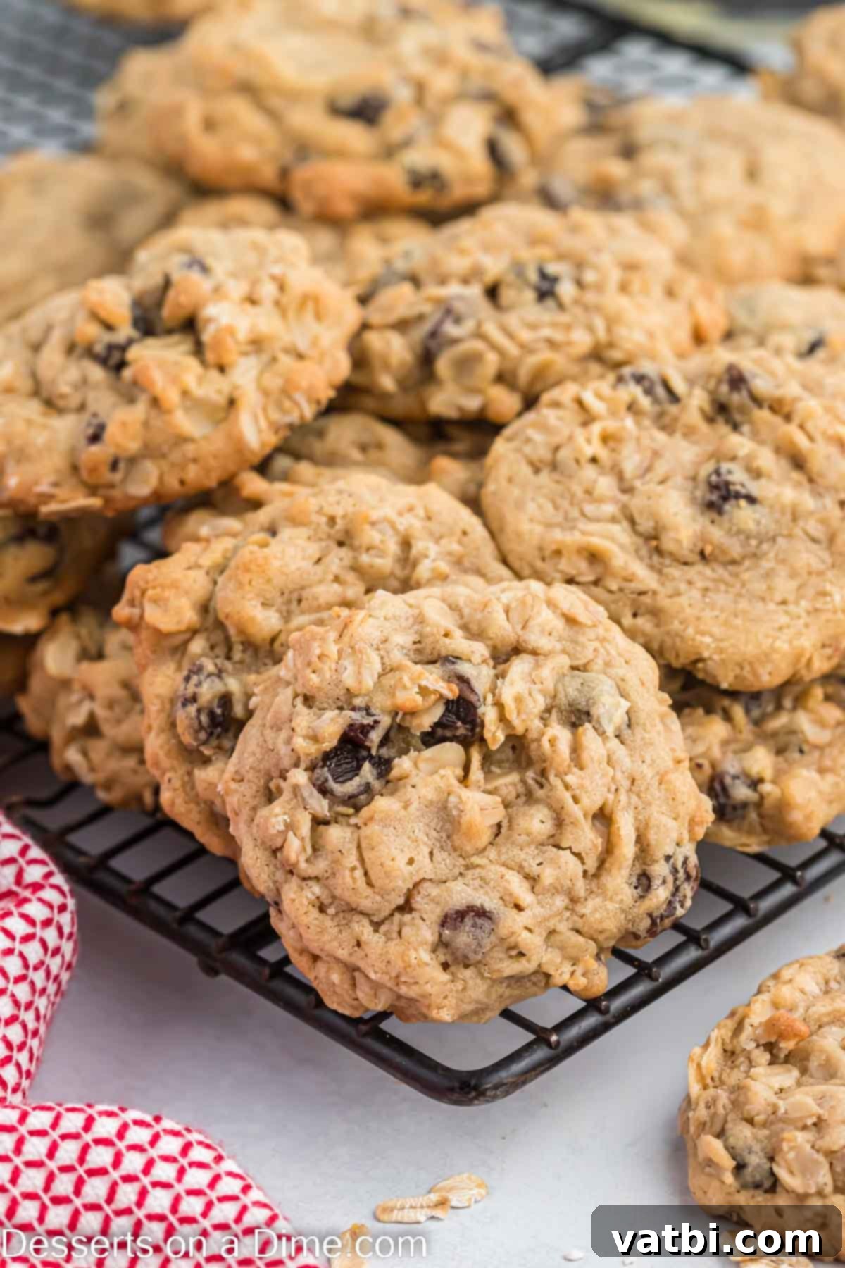 This is the best recipe for soft and chewy Oatmeal raisin cookies. They are so decadent and everyone will think you bought them at a bakery. Make these moist homemade cookies today for an easy treat. #dessertonadime #oatmealraisincookies A beautifully arranged stack of warm, soft oatmeal raisin cookies on a wire cooling rack.