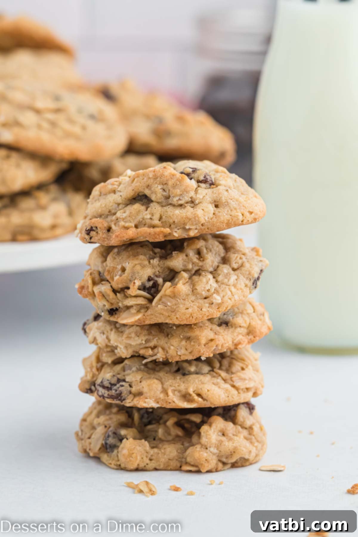 This is the best recipe for soft and chewy Oatmeal raisin cookies. They are so decadent and everyone will think you bought them at a bakery. Make these moist homemade cookies today for an easy treat. #dessertonadime #oatmealraisincookies A delicious stack of golden-brown oatmeal raisin cookies, showcasing their soft texture and plump raisins.