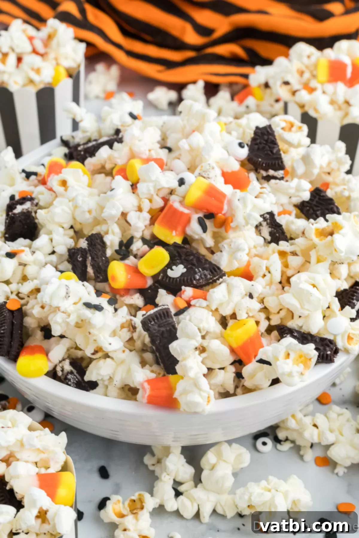 Fright Night Popcorn 2 Halloween Popcorn in a bowl, ready to be served at a party.