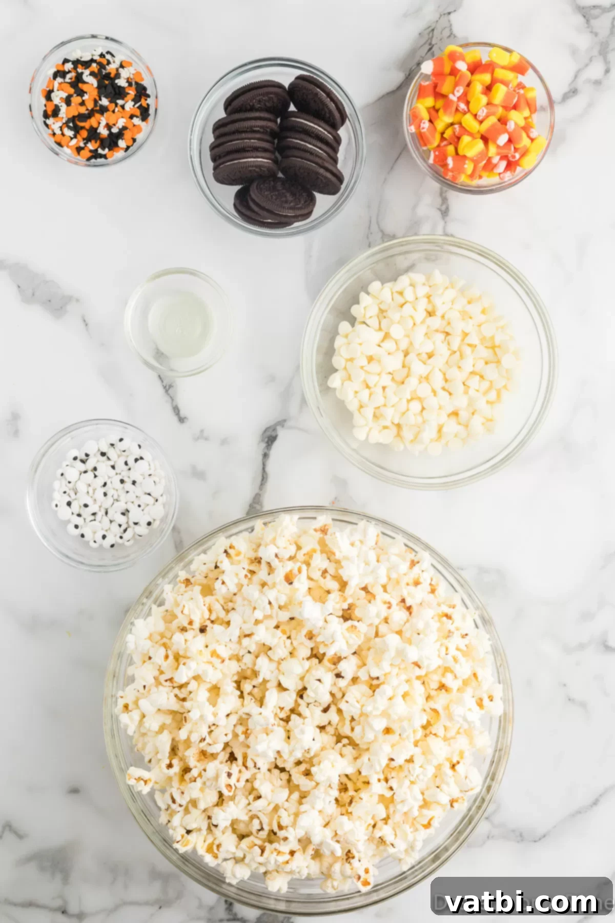 Fright Night Popcorn 3 Ingredients for Halloween Popcorn - Popped popcorn, white chocolate chips, vegetable oil, oreo cookies, candy corn, halloween sprinkles, candy eyes laid out on a table.