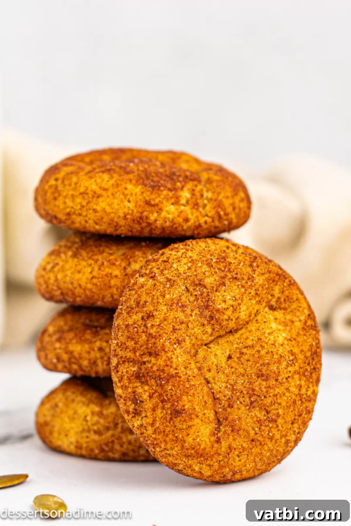 Autumn Spice Pumpkin Snickerdoodles 2 Pumpkin snickerdoodles stacked together, showcasing their soft, chewy texture and cinnamon-sugar coating.