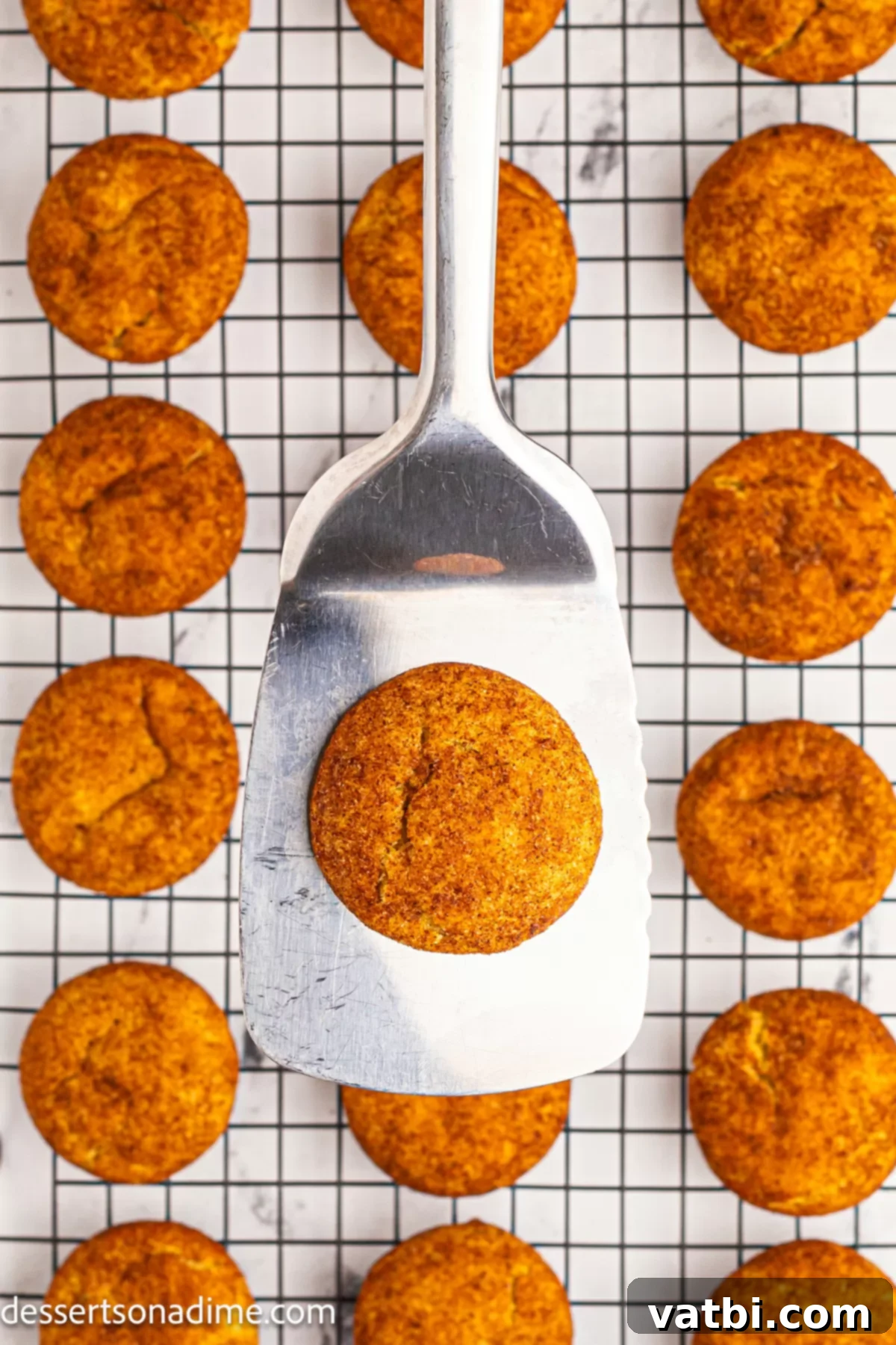 Autumn Spice Pumpkin Snickerdoodles 12 Cookies on a cooling rack, perfectly round and golden.