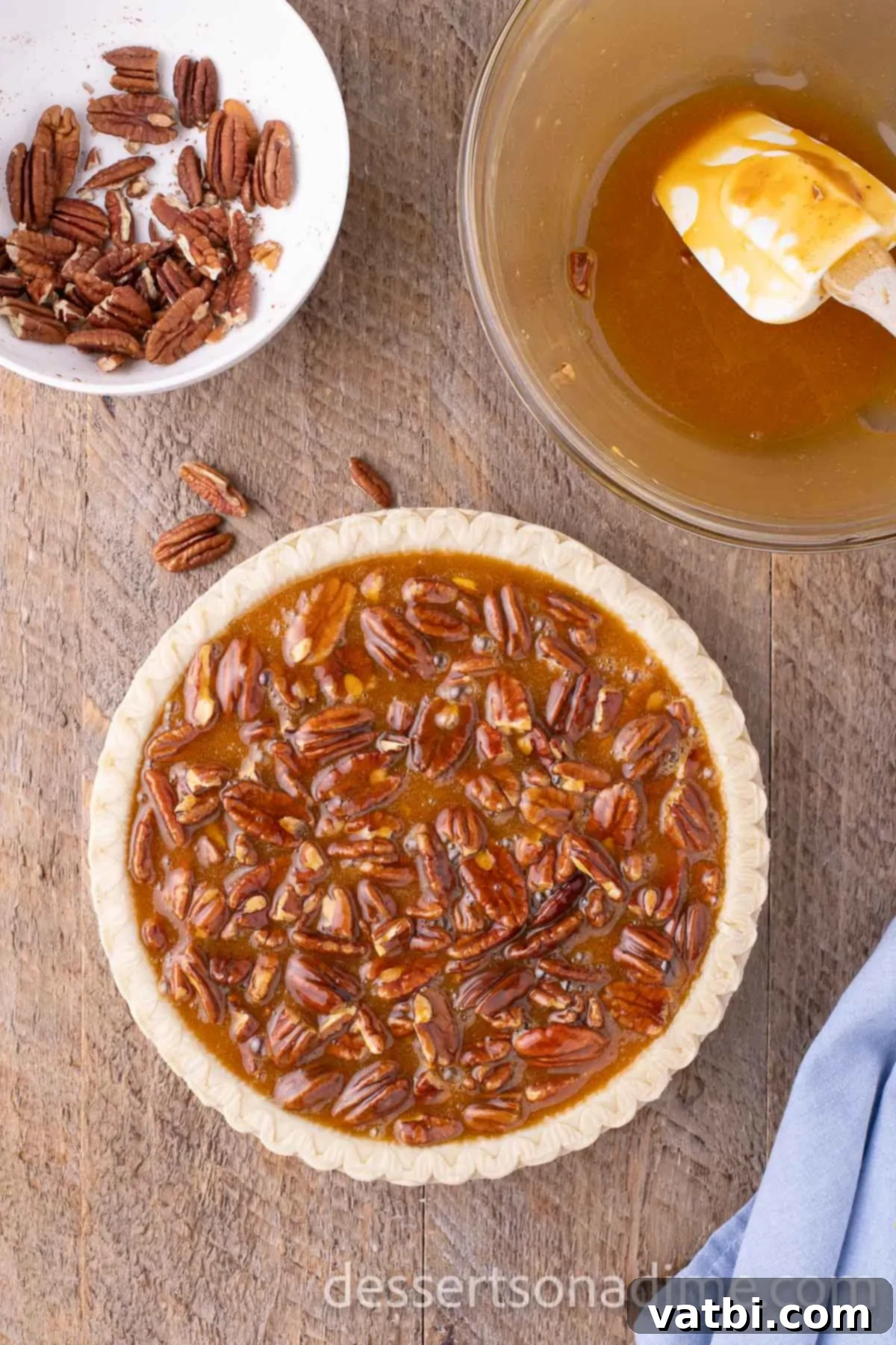 Pouring pecan pie filling in a crust
