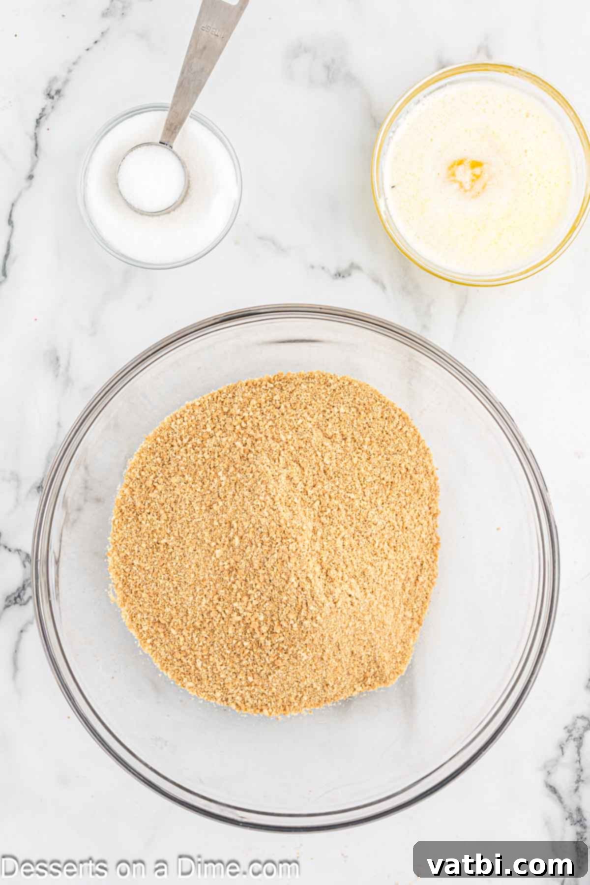 Effortless No-Bake Cheesecake 4 Bowl of finely crushed graham cracker crumbs ready for the cheesecake crust.