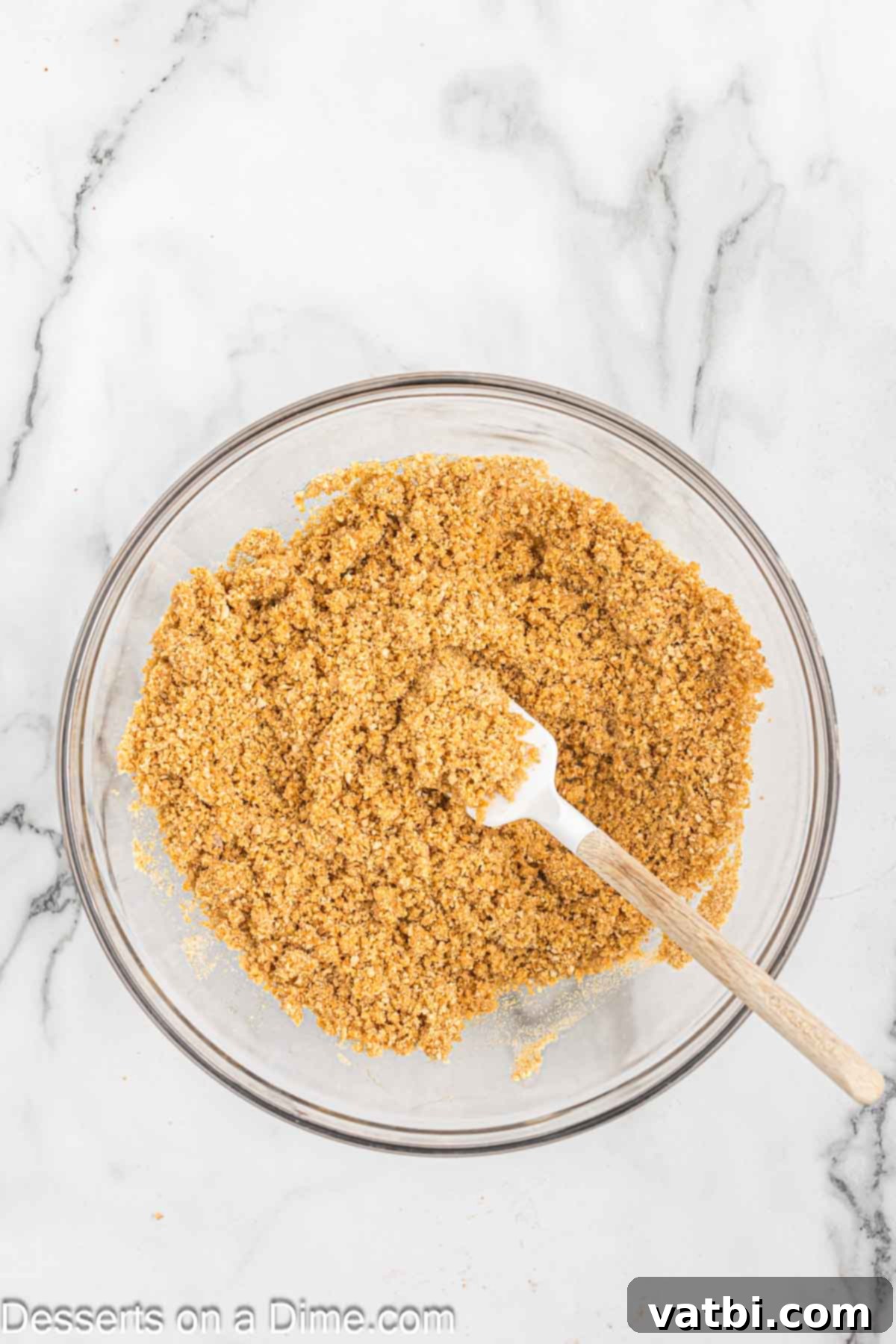 Effortless No-Bake Cheesecake 5 Melted butter being added to graham cracker crumbs and sugar in a bowl.