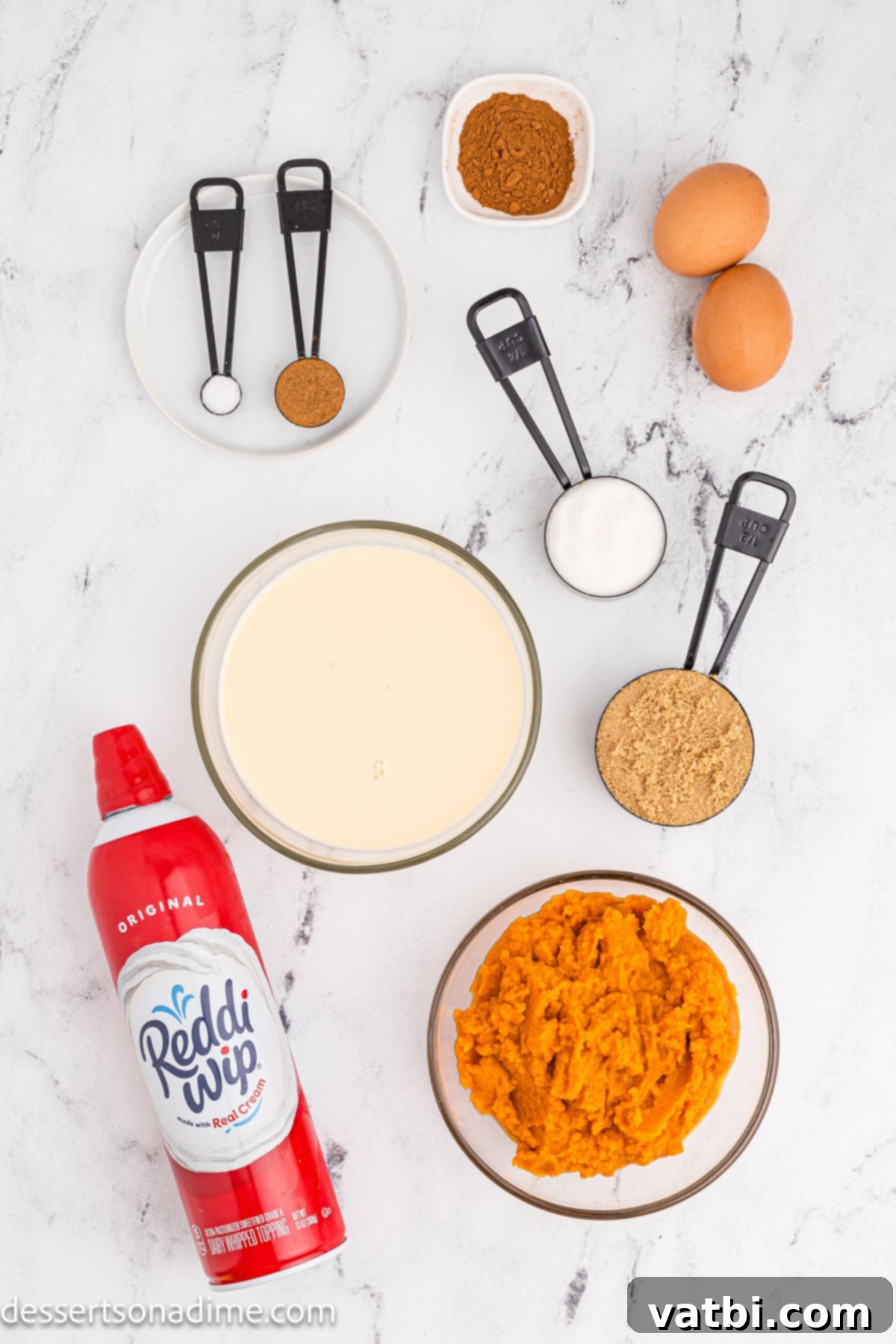 Velvet Pumpkin Pudding Pie 3 Ingredients for crustless pumpkin pie - pumpkin puree, eggs, evaporated milk, brown sugar, white sugar, cinnamon, and pumpkin pie spice.