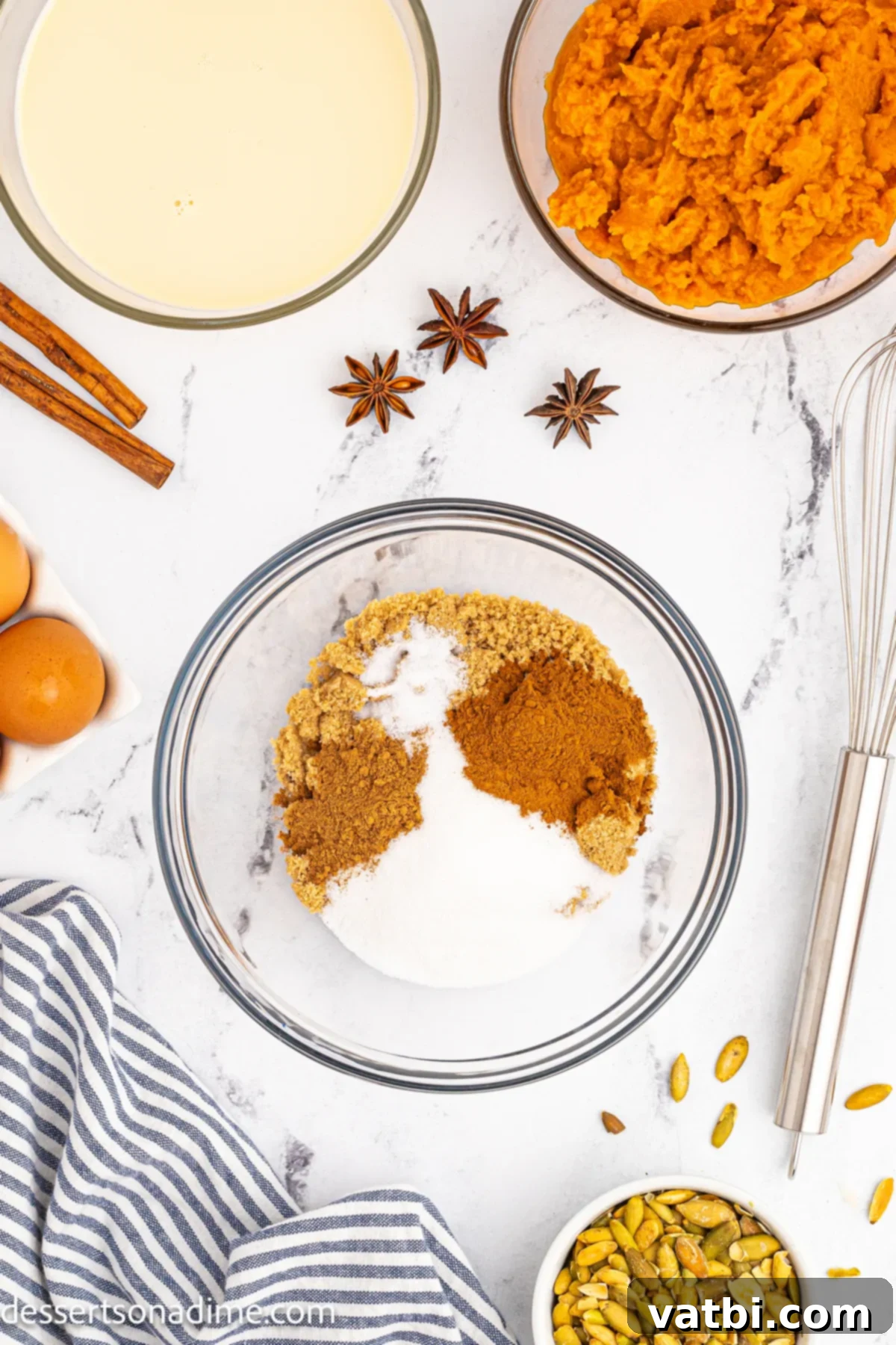 Velvet Pumpkin Pudding Pie 4 Combining dry ingredients in a small bowl.
