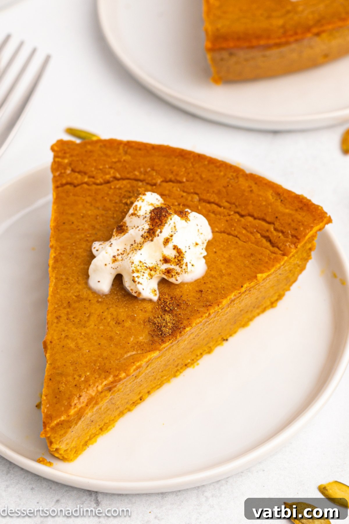 Velvet Pumpkin Pudding Pie 9 Baked crustless pumpkin pie, slightly jiggly in the center.