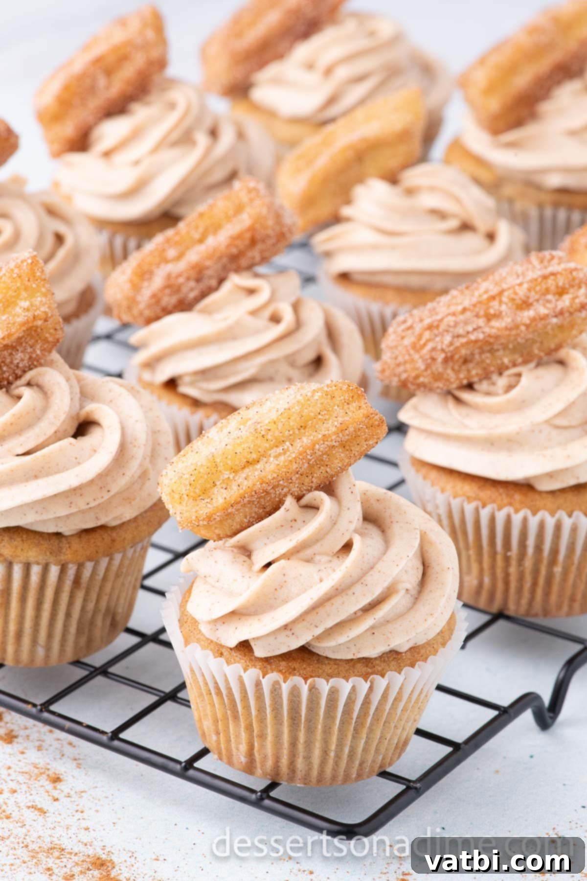 Beautifully decorated Churro Cupcakes with cinnamon sugar frosting and churro pieces, ready to be enjoyed.