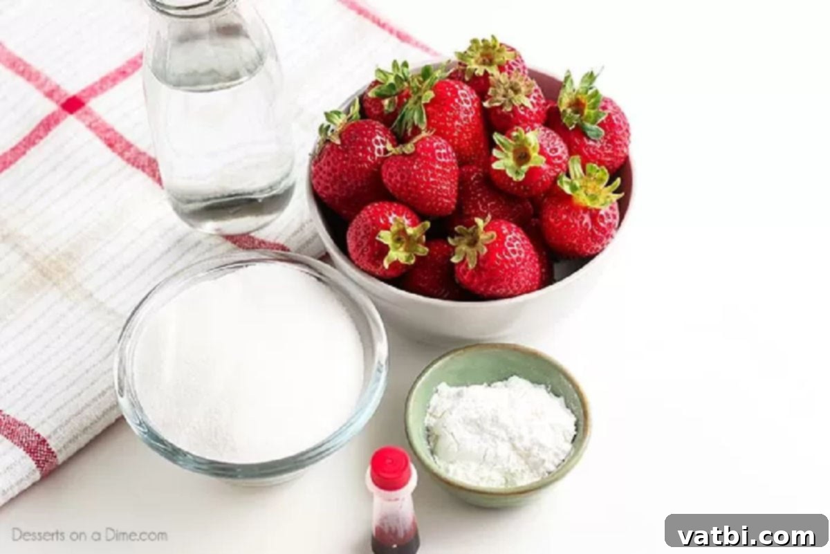 Key Ingredients for Strawberry Sauce Display of the four main ingredients: fresh strawberries, white granulated sugar, cornstarch, and a small bottle of red food coloring.