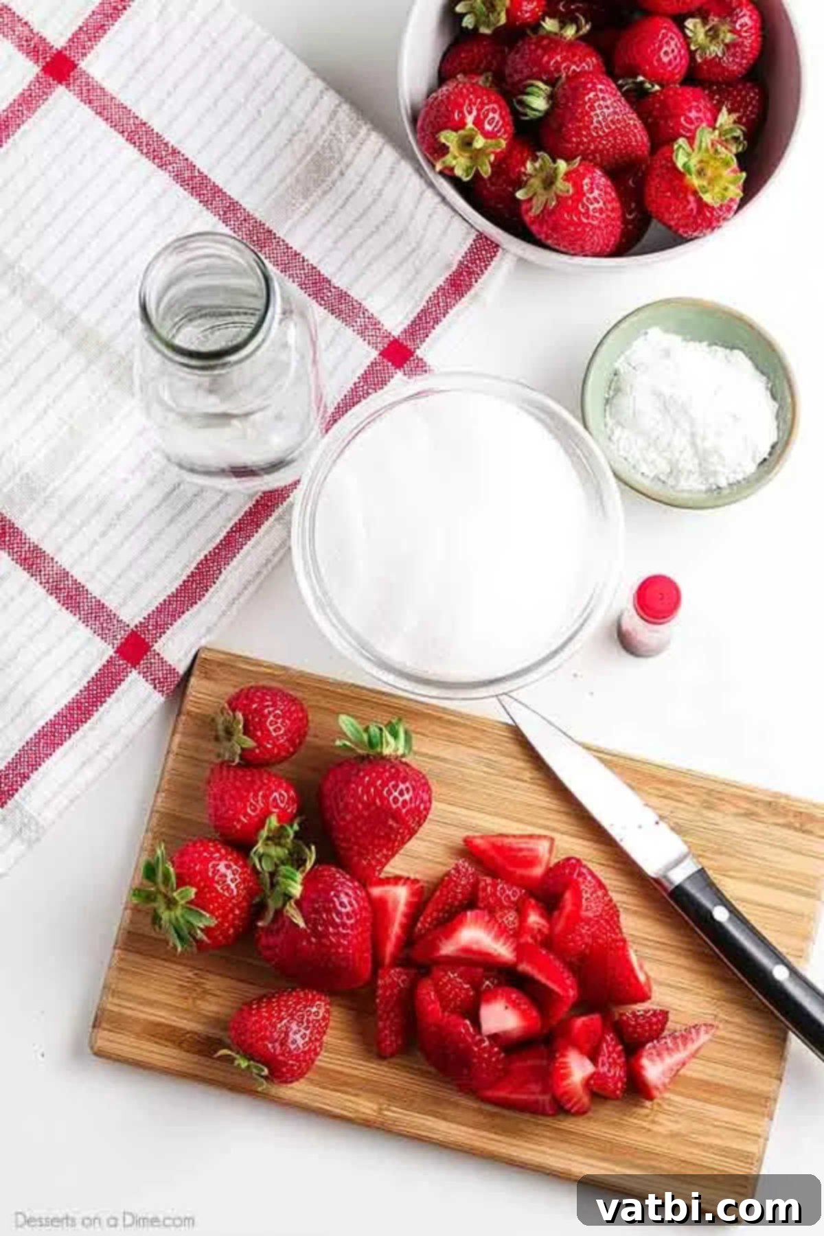 Sweet Strawberry Sauce Recipe 2 Close-up of fresh strawberries being chopped on a wooden cutting board.