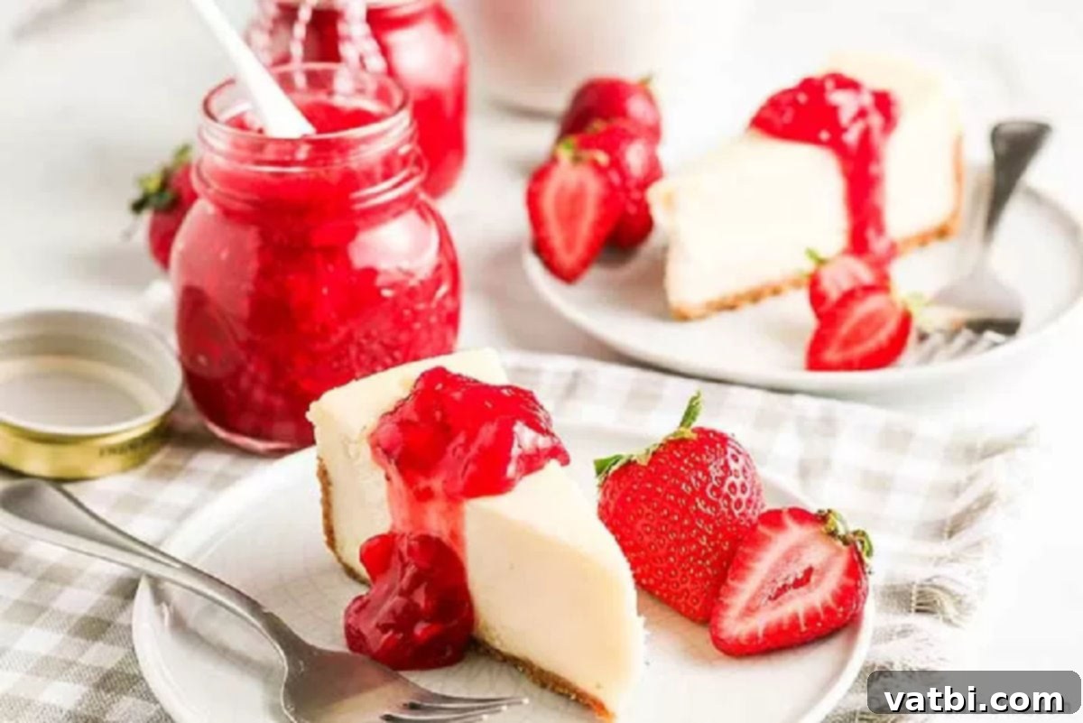 Sweet Strawberry Sauce Recipe 5 Rich strawberry sauce generously drizzled over a slice of cheesecake, ready to be served.