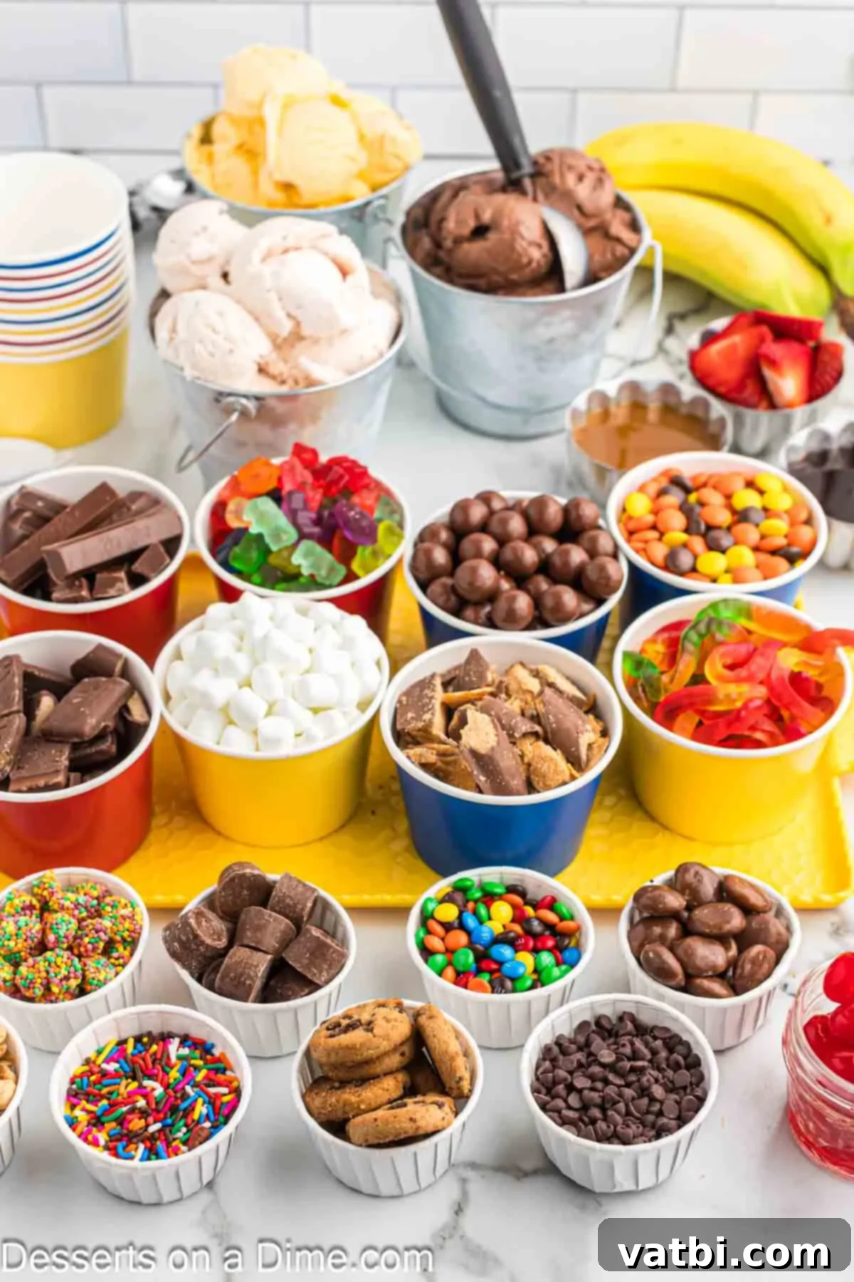 Cups of ice cream toppings.