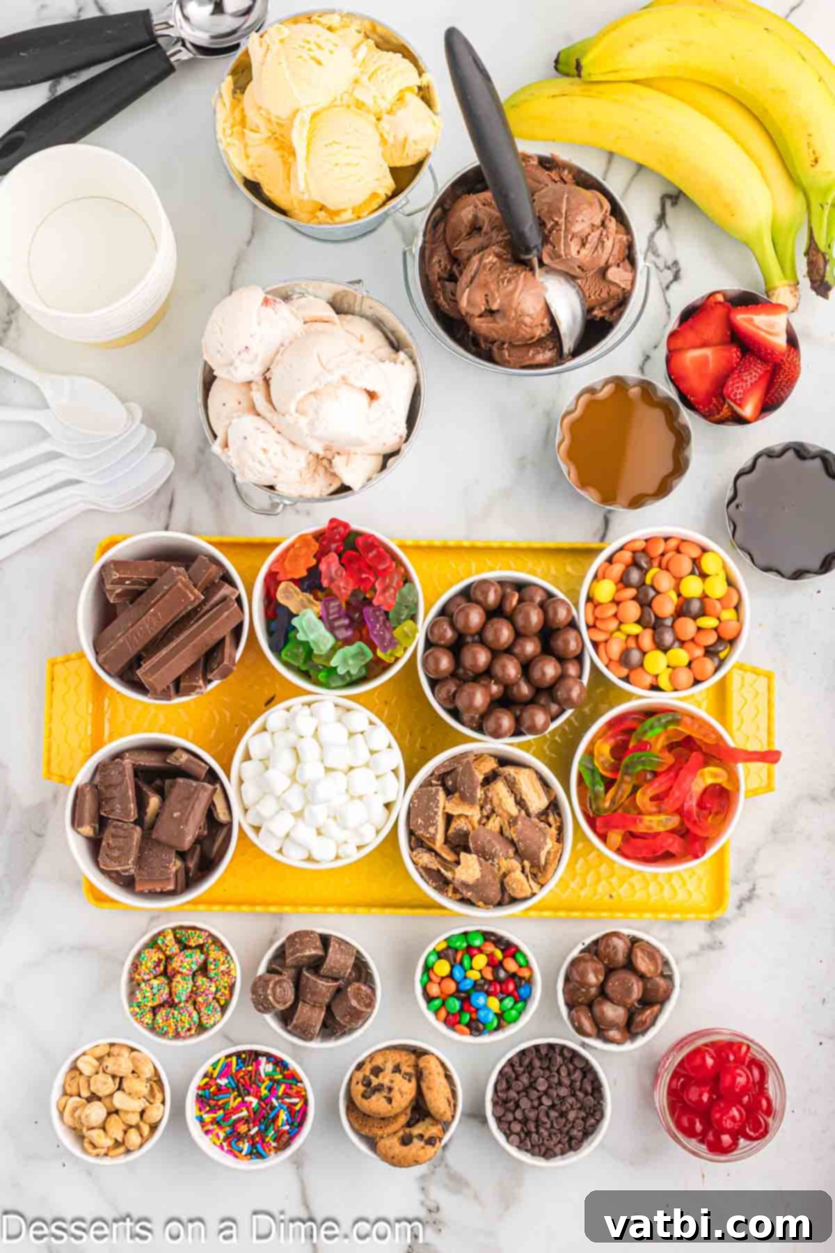 Ice cream toppings in cups.