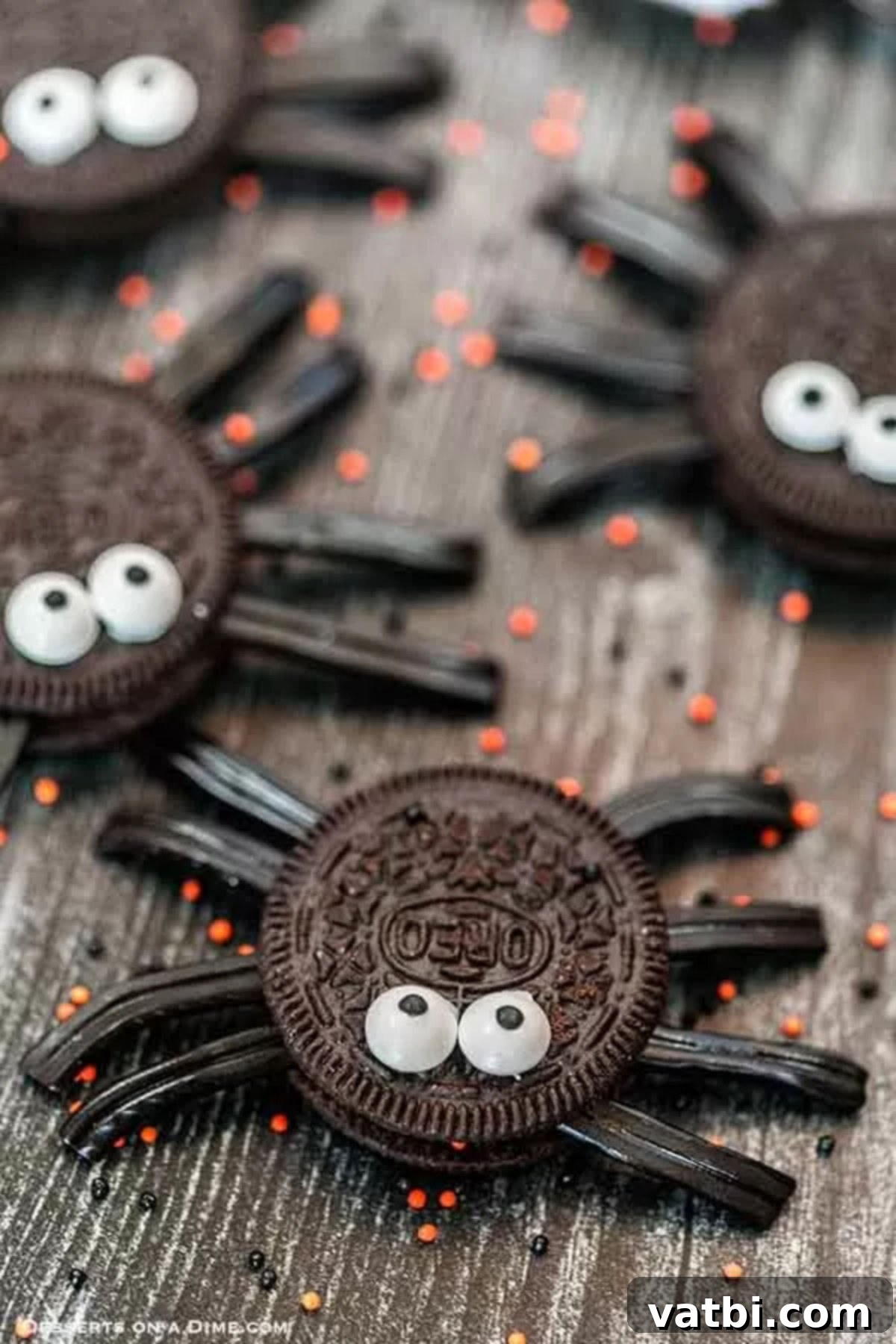 Enjoy Spider Oreo Cookies for a fun and festive no bake Halloween snack. Kids will love these oreo spider cookies and they are super easy to make for treats. Spider Oreos are quick and easy. #dessertonadime #spideroreocookies #halloweencookies #halloweenfoods Festively decorated Oreo spiders on a white platter, ready for Halloween fun. Black licorice legs and googly candy eyes bring these spooky-sweet treats to life.