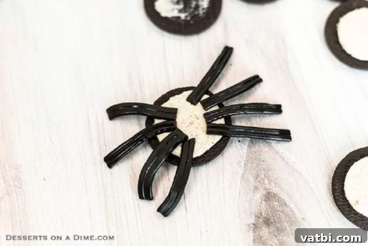 Spooky Oreo Spider Cookies 3 Cut pieces of black licorice rope are arranged on the cream-filled half of an Oreo cookie to form spider legs.