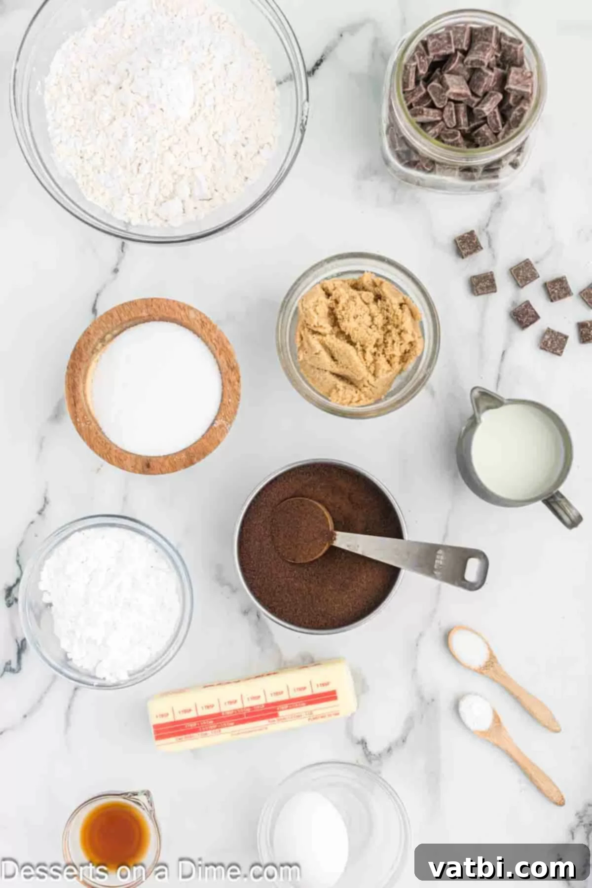 Espresso Cookies 3 Assortment of Coffee Cookie ingredients including flour, brown sugar, eggs, instant coffee, baking soda, chocolate chunks, powdered sugar, and milk.
