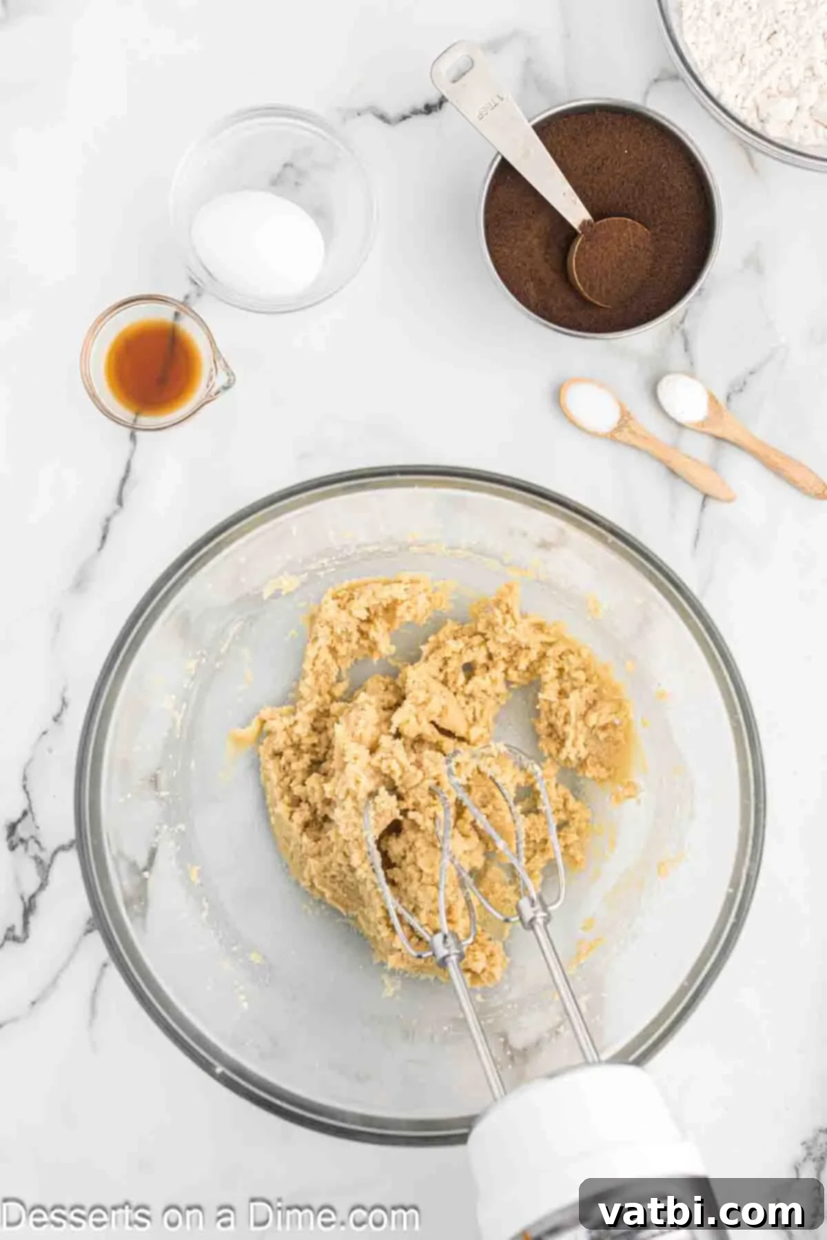 Espresso Cookies 4 Softened butter and sugars being creamed together in a mixing bowl.