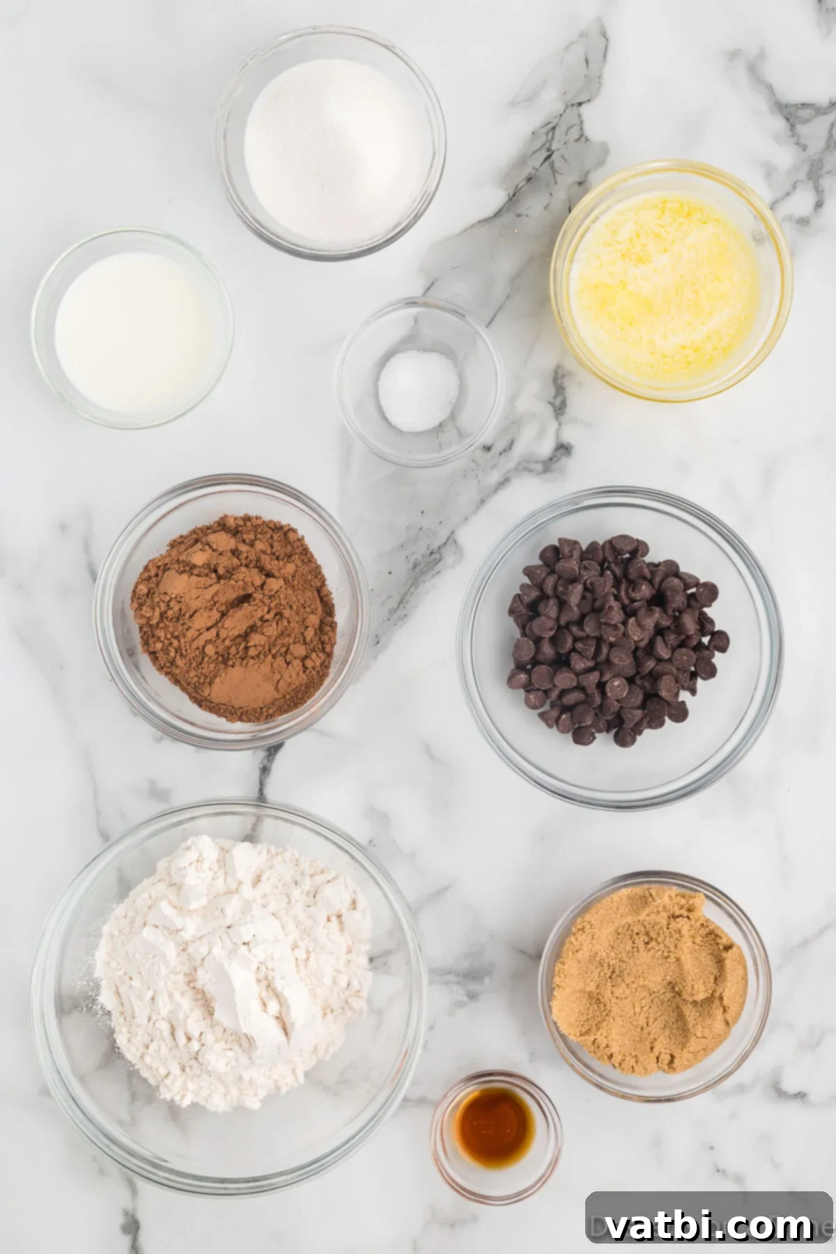 Spoonable Brownie Bliss 3 Ingredients for brownie dip - Flour, sugar, brown sugar, butter, vanilla extract, cocoa powder, salt, milk, chocolate chips arranged neatly