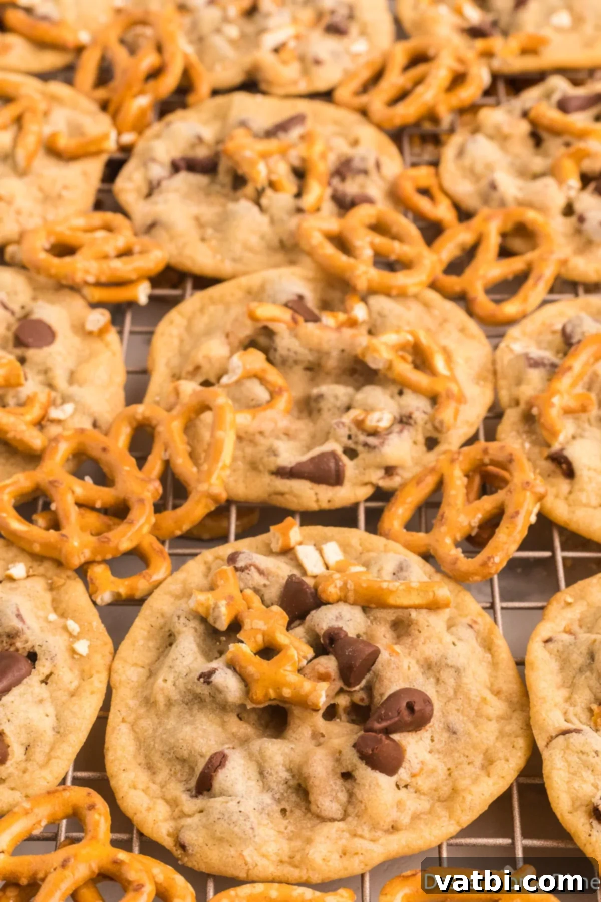 Salty Sweet Chocolate Pretzel Crunch 2 Delicious Chocolate Chip Pretzel Cookies cooling on a wire rack, showcasing their golden edges and scattered chocolate and pretzel pieces.