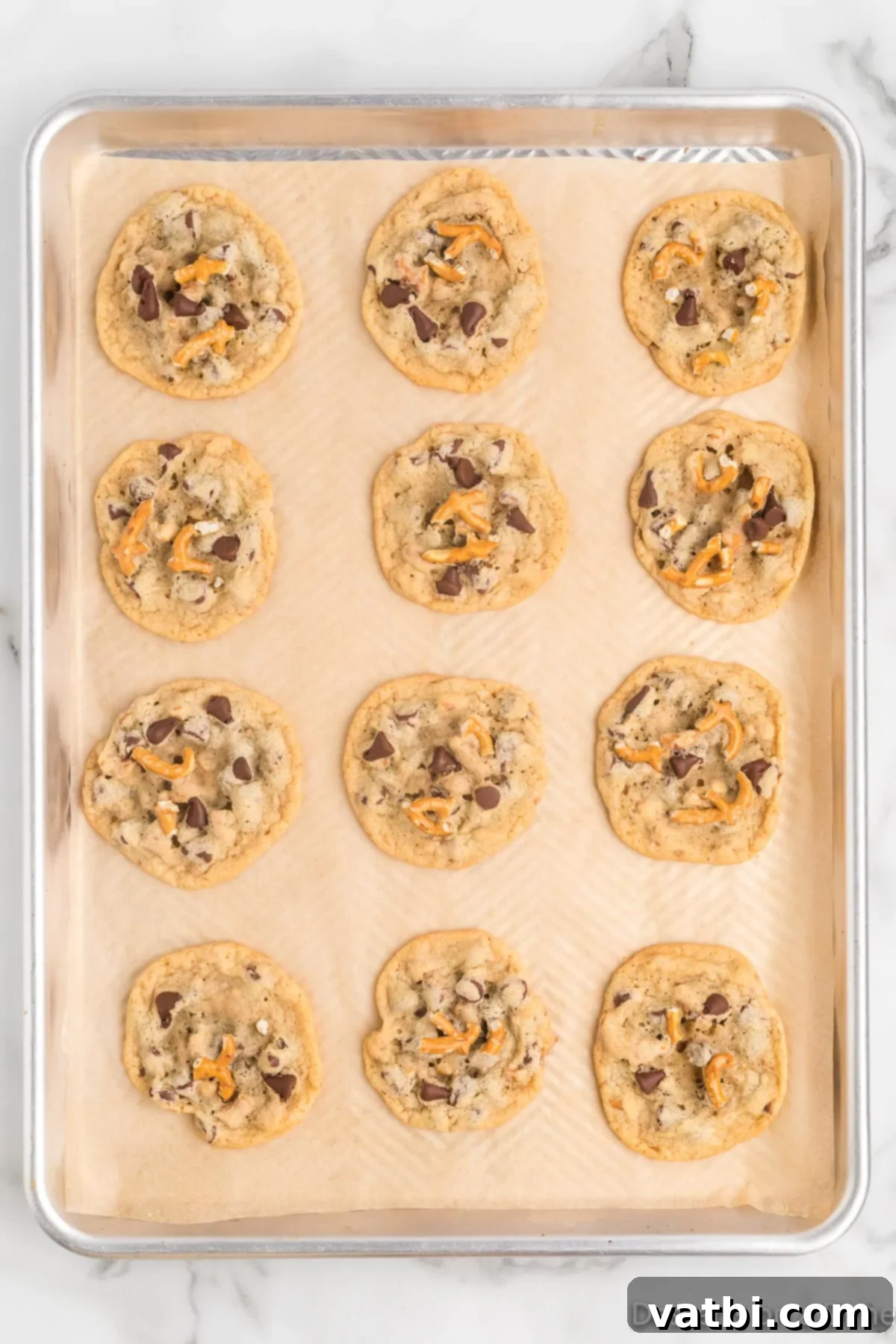 Salty Sweet Chocolate Pretzel Crunch 12 Freshly baked chocolate chip pretzel cookies cooling on a baking sheet, with golden edges visible.