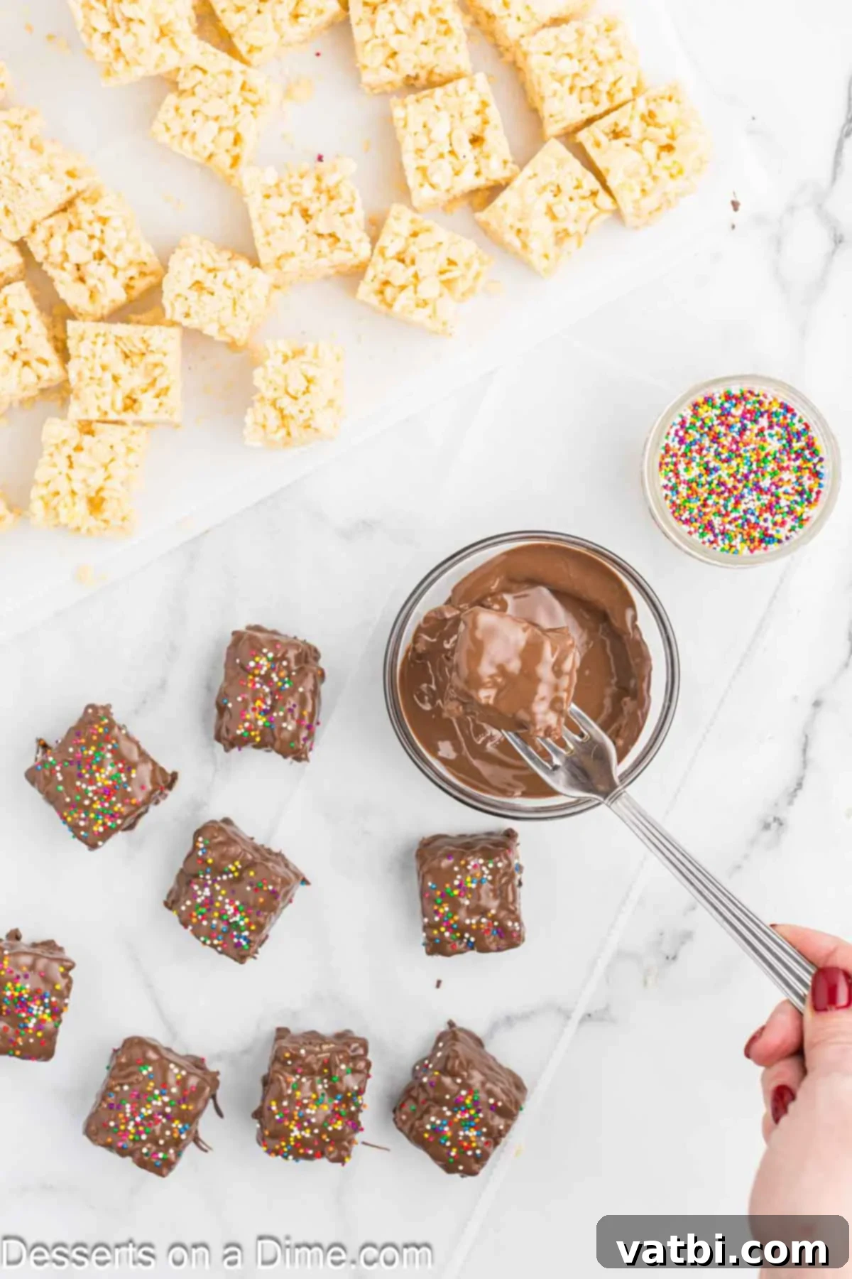 Melted chocolate in a bowl and bars dipped into chocolate.