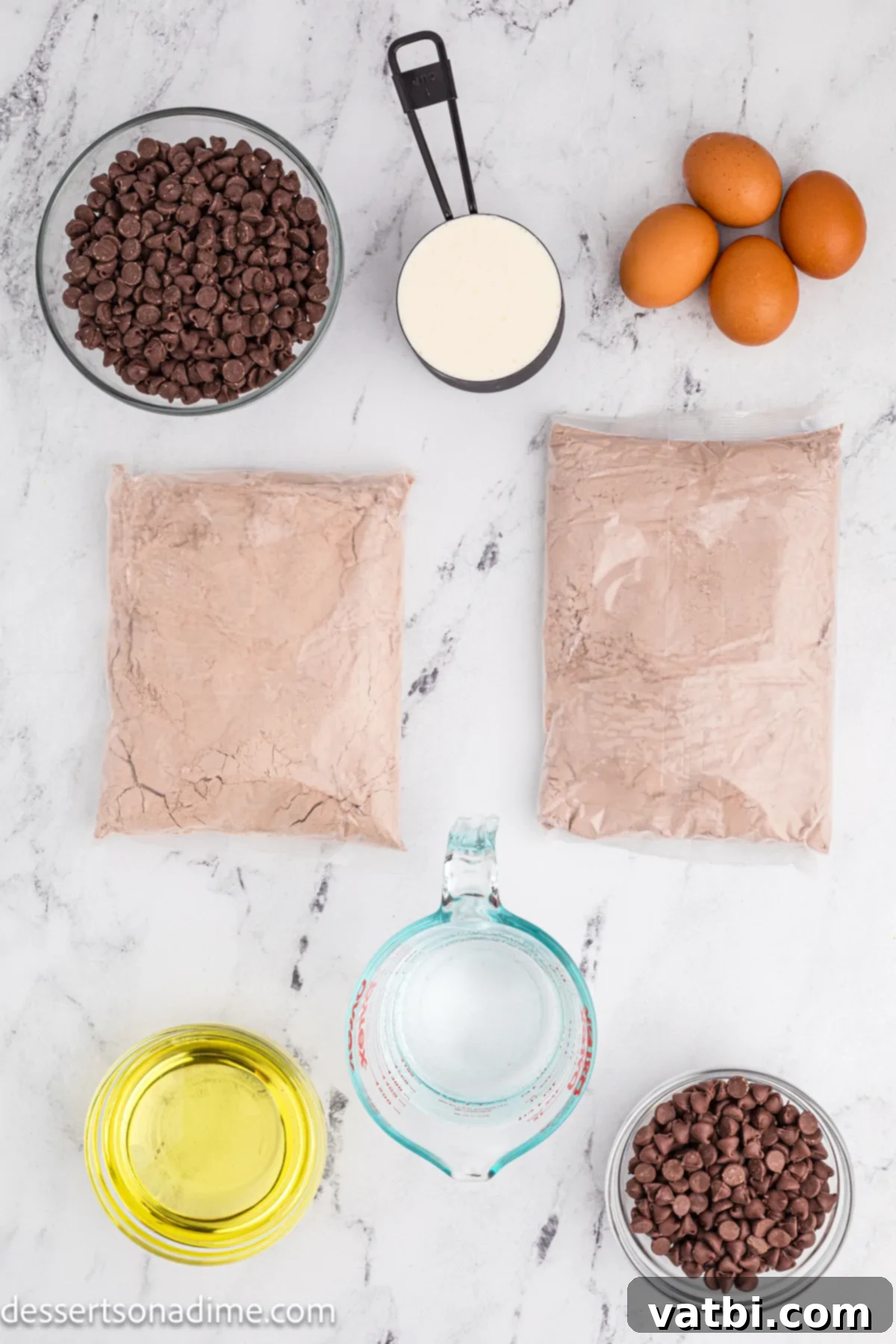 Decadent Chocolate Brownie Cake 3 Ingredients for Chocolate Brownie Cake - chocolate cake mix, brownie mix, eggs, chocolate chips.