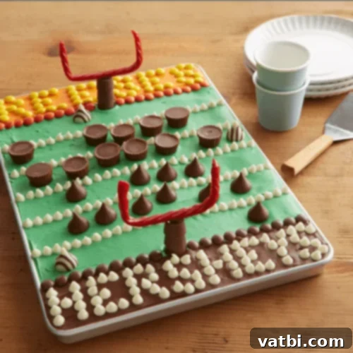 Creative Football Cake Inspiration 9 Hershey's Gridiron Cake decorated with green frosting and various Hershey's candies as players.