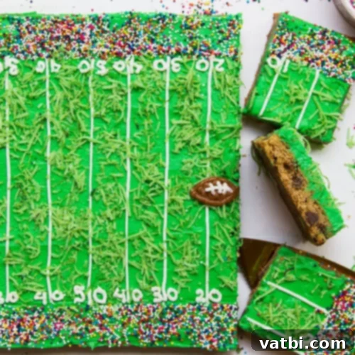 Creative Football Cake Inspiration 31 Football Field Chocolate Chip Cookie Cake decorated with green frosting and sprinkles.