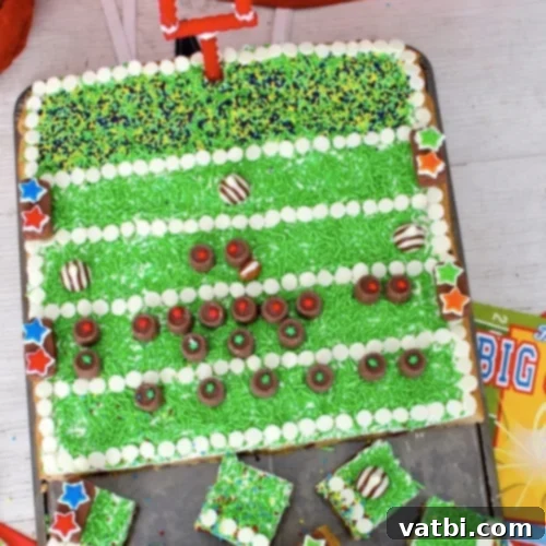 Creative Football Cake Inspiration 7 Football field cookie cake, topped with green frosting and chocolate chips.