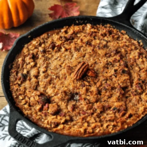Autumn Apple Bakes 14 Crustless Iron Skillet Pumpkin Apple Pie, a hearty dessert with a pecan crumble topping.