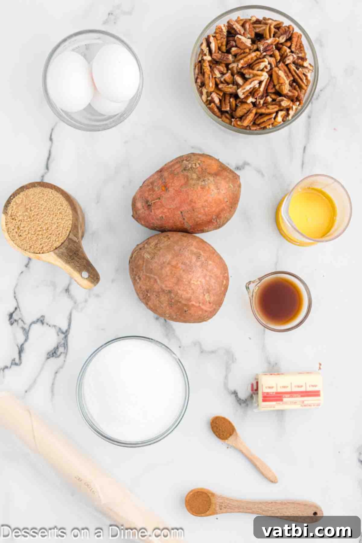 Southern Sweet Potato Pecan Pie 3 Ingredients needed for a homemade sweet potato pecan pie recipe: a pre-made pie crust, large sweet potatoes, eggs, granulated sugar, brown sugar, butter, ground cinnamon, ground nutmeg, and vanilla extract.