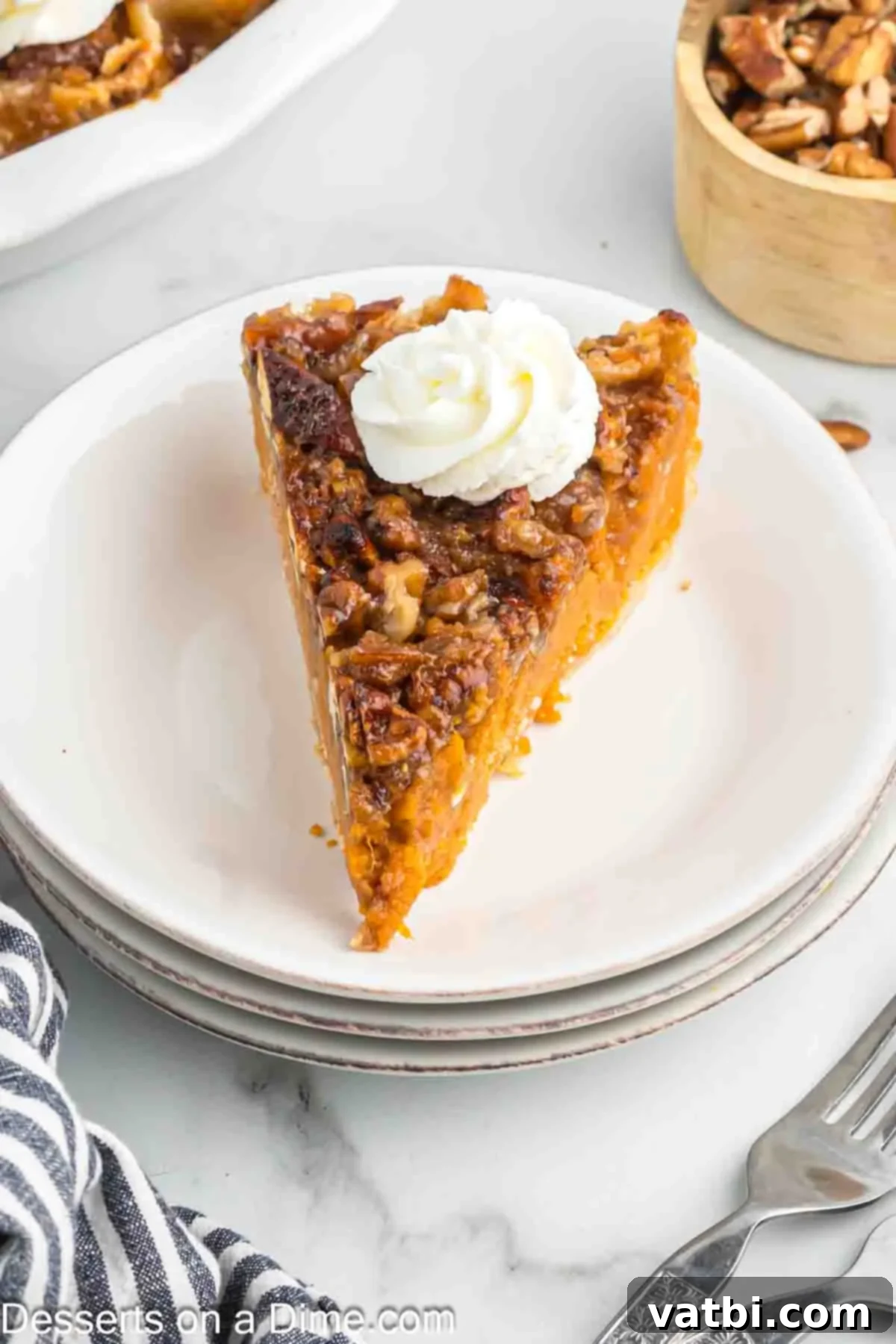 Southern Sweet Potato Pecan Pie 8 A perfectly sliced piece of sweet potato pecan pie on a plain white plate, showcasing its creamy filling and crunchy topping.