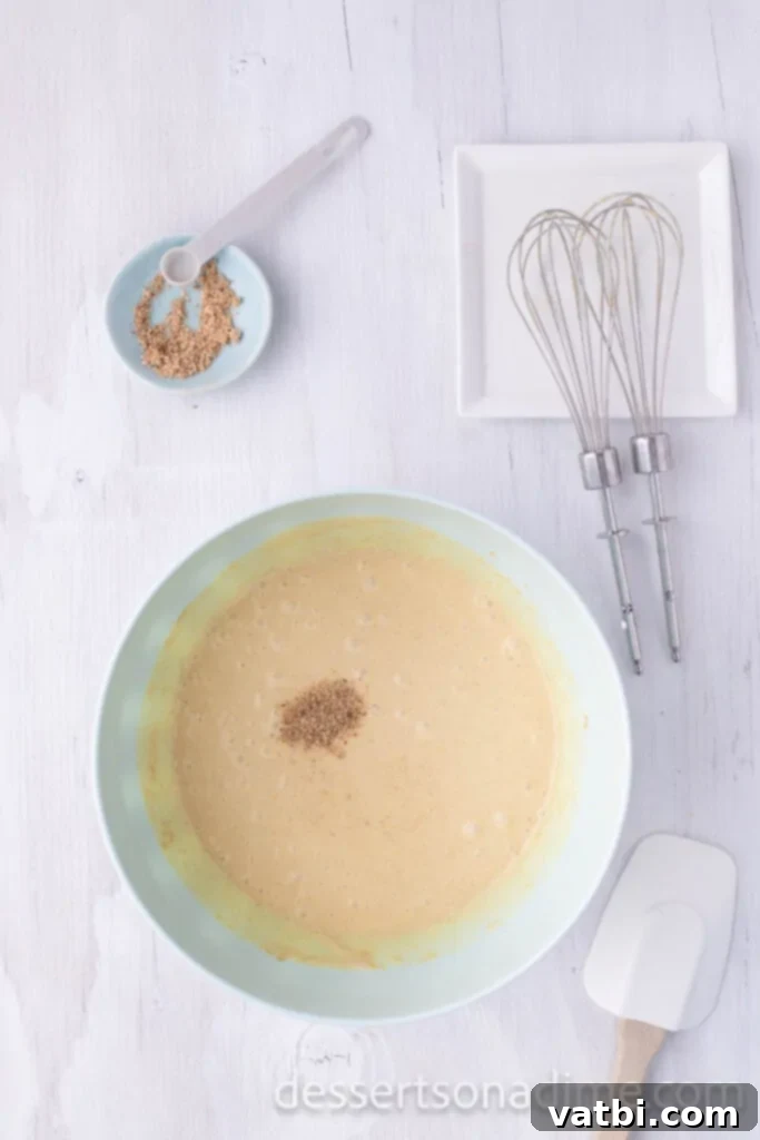 Holiday Eggnog Delight 4 Mixing eggnog with vanilla pudding mix in a bowl using a whisk, with ground nutmeg ready to be added.