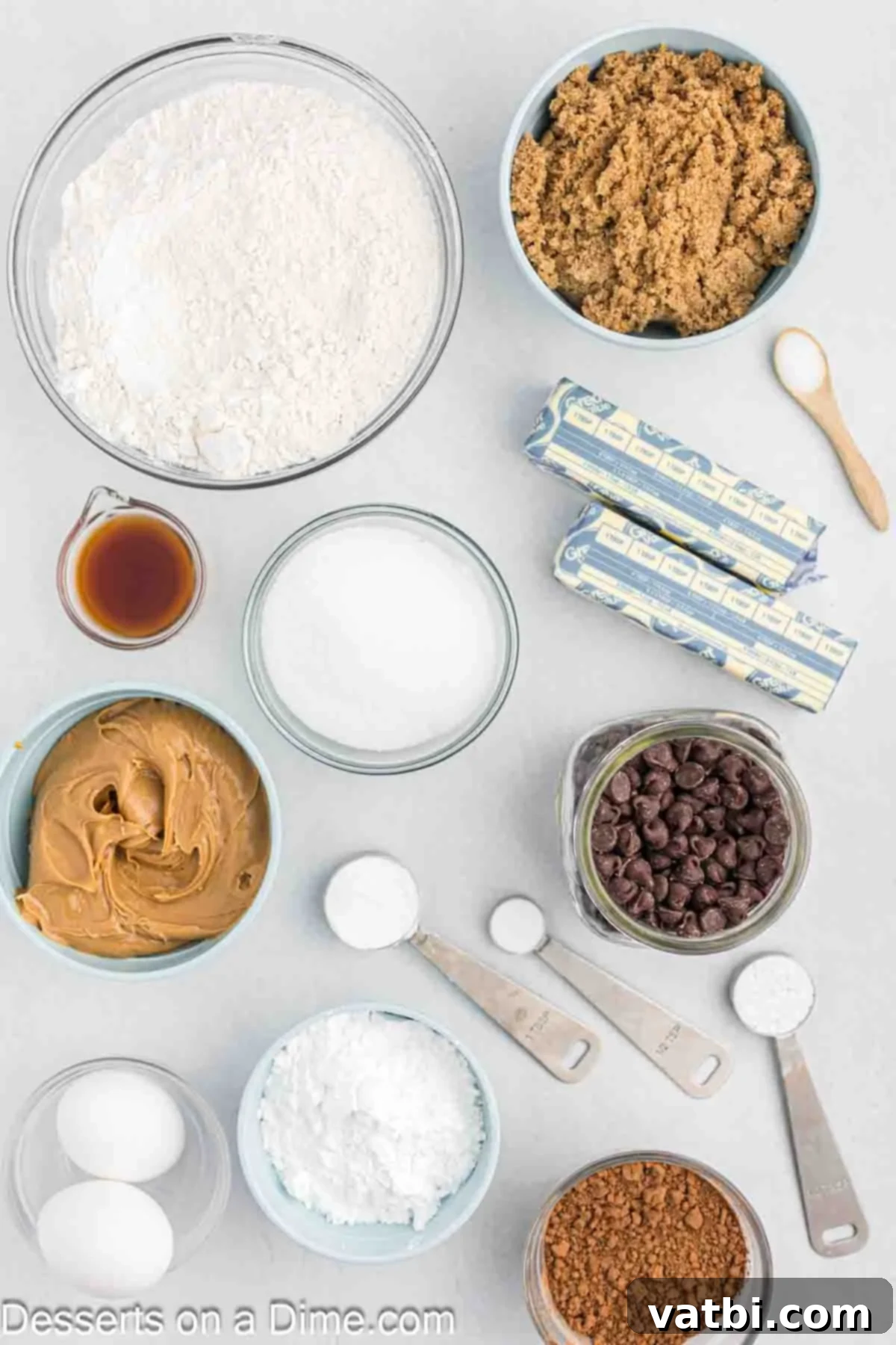 Decadent Chocolate Peanut Butter Pockets 3 Ingredients for Peanut Butter Stuffed Chocolate Cookies- peanut butter, powdered sugar, vanilla, cocoa powder, eggs, flour.