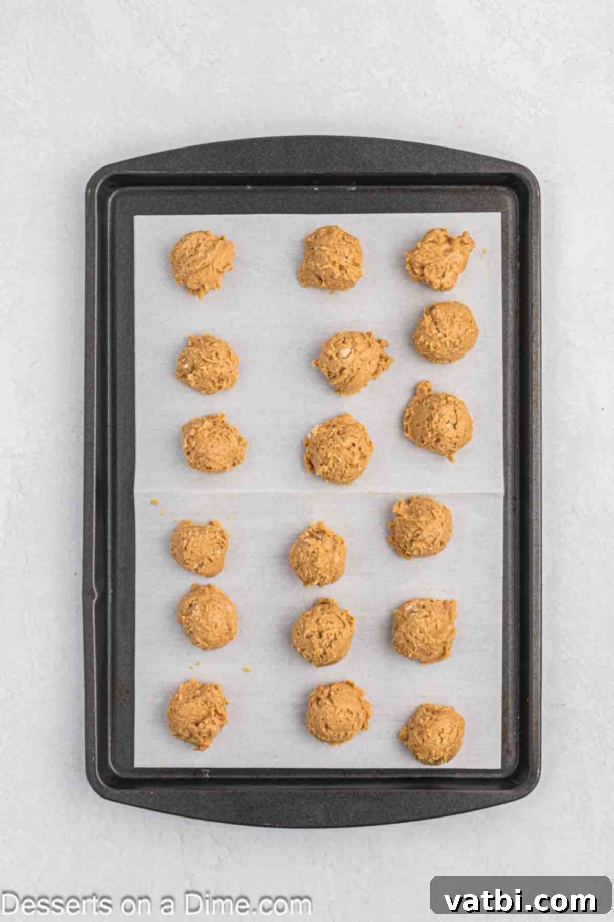 Decadent Chocolate Peanut Butter Pockets 4 Cookie dough on baking sheet.