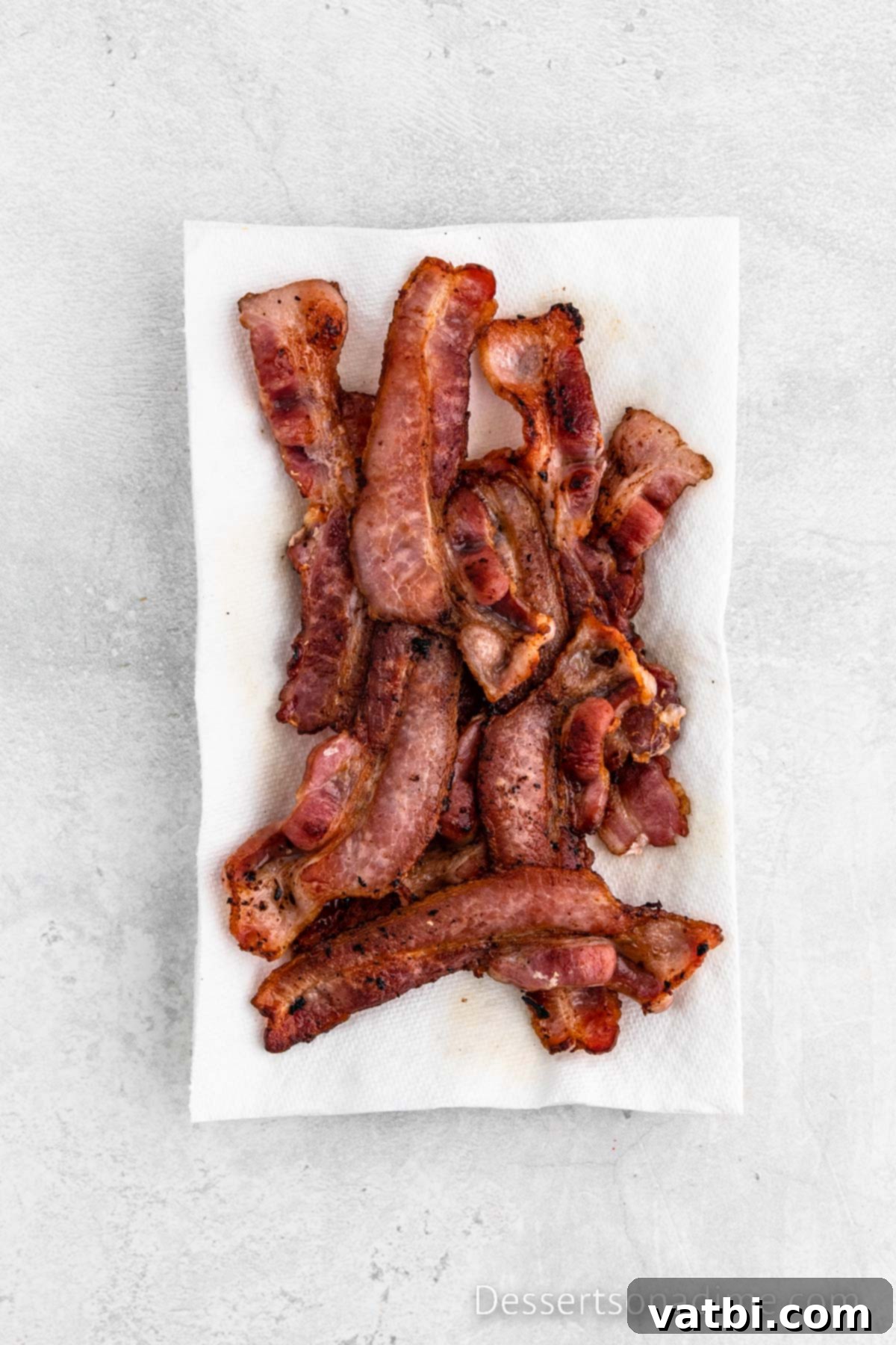 Decadent Bacon Cinnamon Buns 5 Crispy cooked bacon slices resting on a plate lined with paper towels to absorb excess grease.