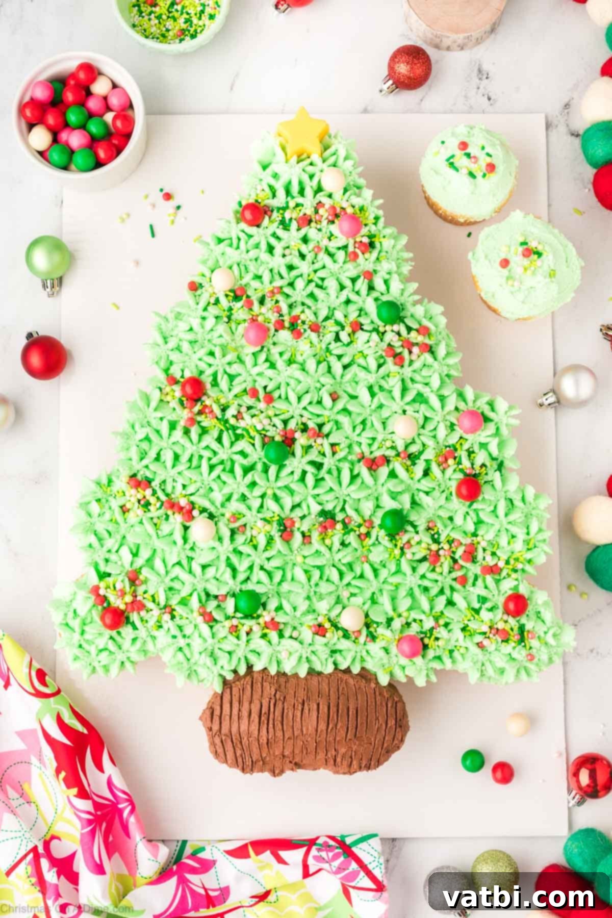 A beautifully decorated Christmas Tree Cupcake Cake on a festive platter, adorned with green frosting and colorful sprinkles.