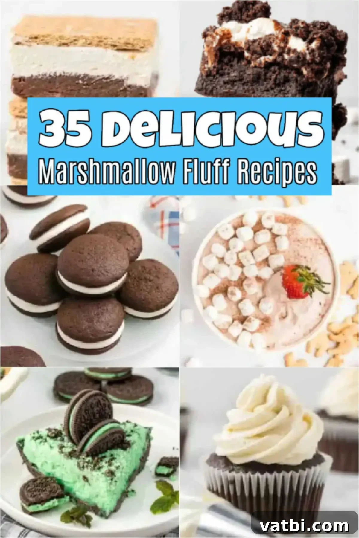 Marshmallow Fluff Delights 2 A vibrant collage of various marshmallow fluff desserts, including colorful whoopie pies, creamy dips, fudgy brownies, and fluffy cookies, showcasing the versatility of marshmallow creme in easy-to-make recipes perfect for any occasion.