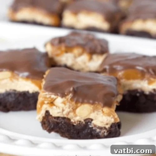 Marshmallow Fluff Delights 4 Snicker Brownie Bites featuring layers of rich nougat, caramel, peanuts, and chocolate.