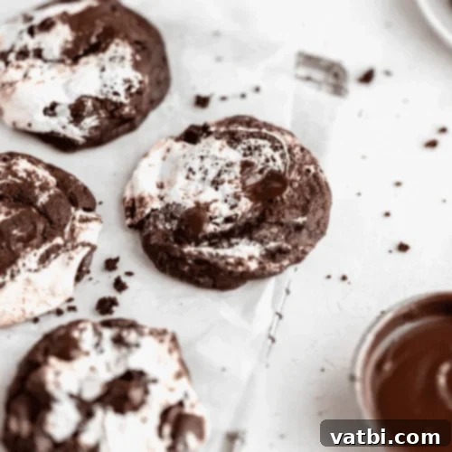 Marshmallow Fluff Delights 19 Chewy Chocolate Marshmallow Cookies with visible ribbons of marshmallow fluff.